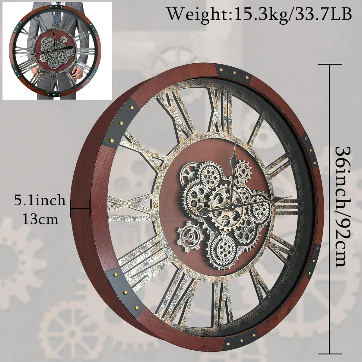 36 Inch Moving Gear Wall Clock, Oversized Wall Clocks, Clock Living Room Decor, Solid Wood Frame, Battery Operated, Large Wall Clock with Industrial for Fireplace(Black Walnut)