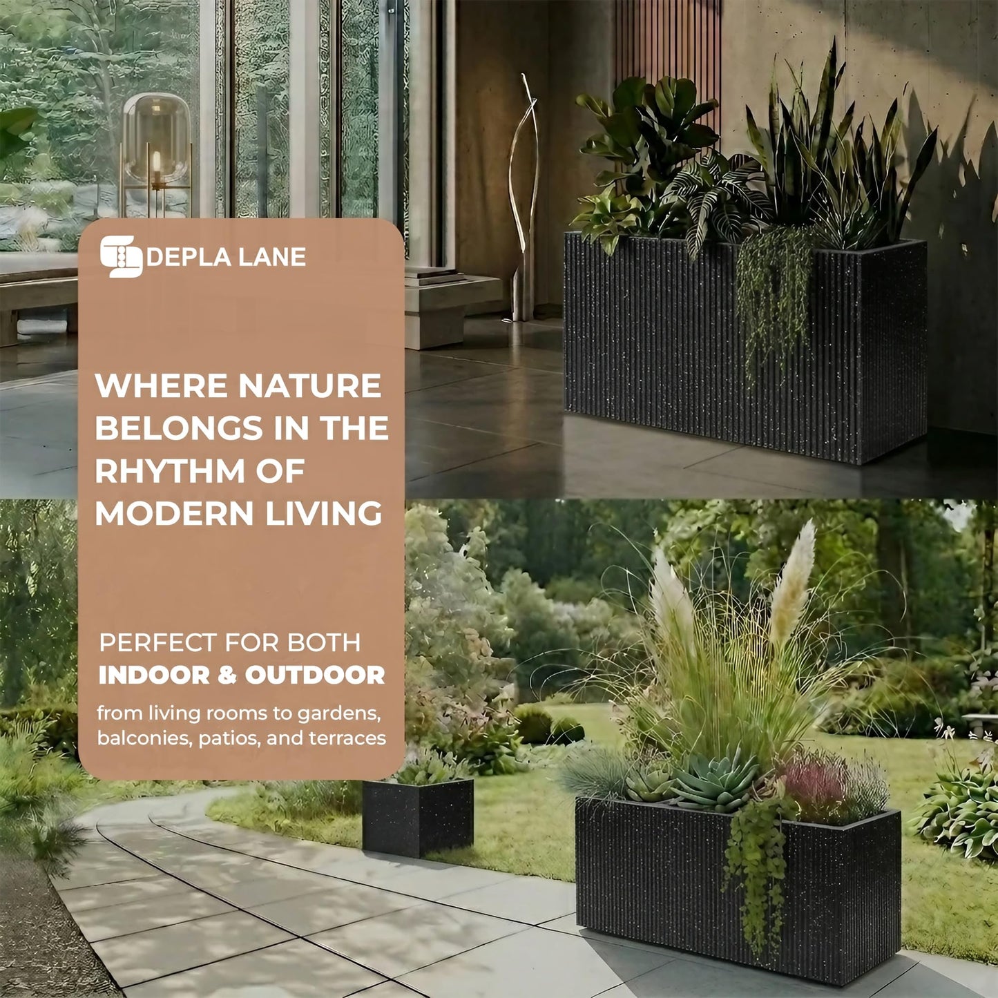 DEPLA LANE Trevano Fiberstone Rectangular Planter (26" L x 9.8" W x 15.7" H) Ribbed Finish, Removable Inner Pots, Lightweight, Durable, UV Resistant, Modern Indoor Outdoor Plant Pot (M, Ribbed Black)