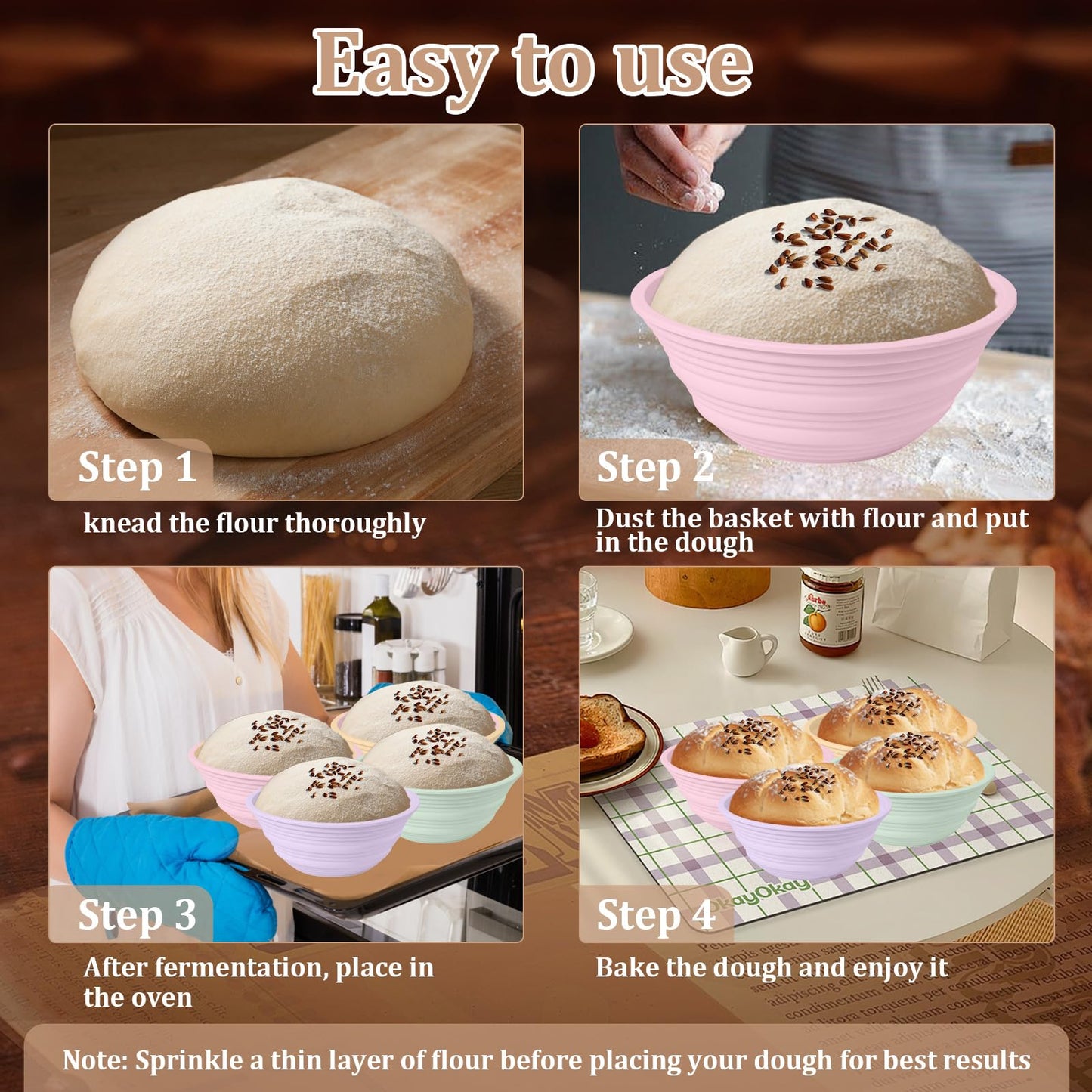 Ycgcp 4Pcs Silicone Banneton Bread Proofing Baskets, 9" Collapsible Sourdough Bread Baking Supplies Non-Stick Round Dough Proofing Bowl Containers Oven Safe for Various Tastes Bread Making-BPA Free