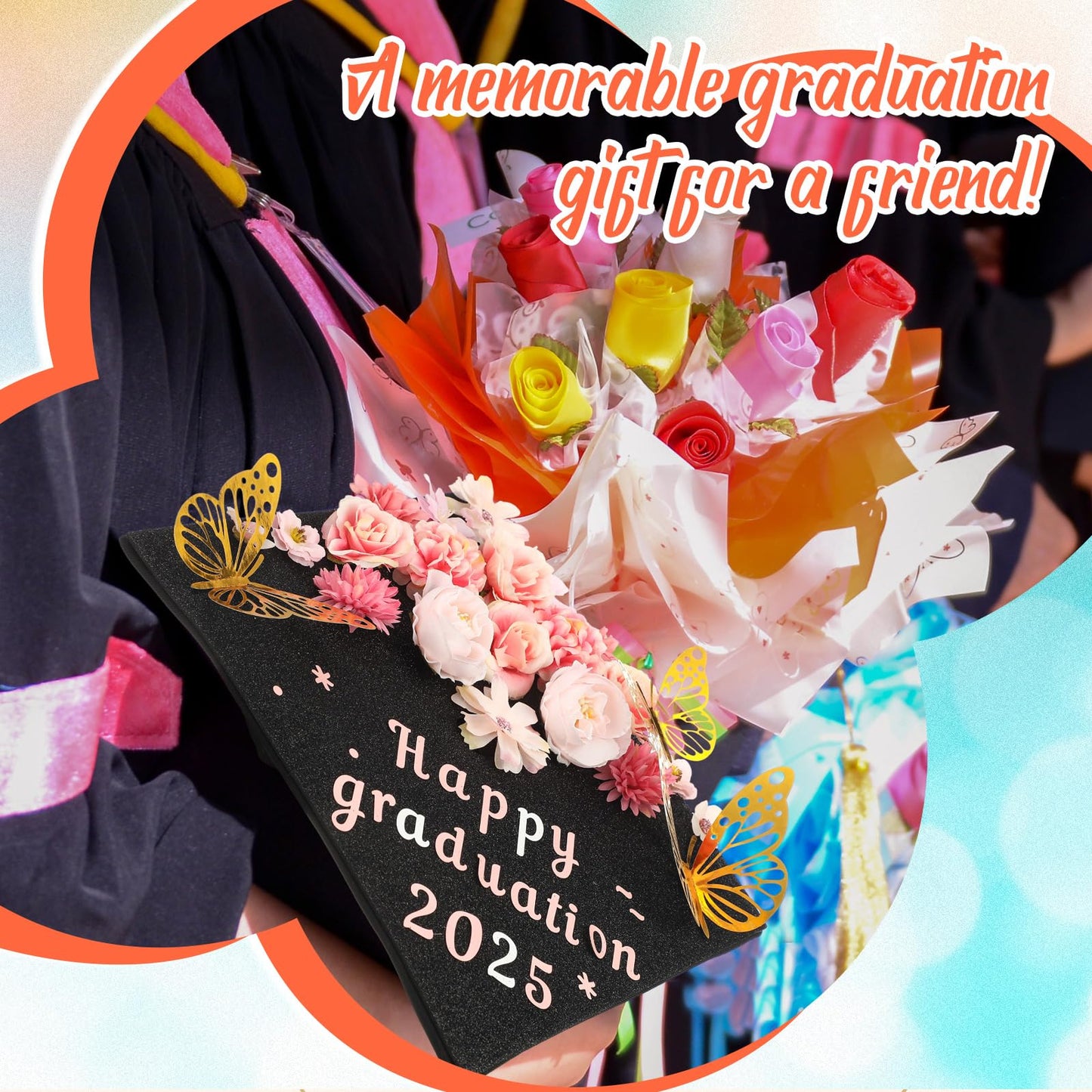 Gilprop 4 Sets 104 Pcs Graduation Cap Decorations Kits, Includes Faux Flower Heads 3D Butterfly Stickers Self Adhesive Glitter Alphabet Letter Number Stickers for Grad Hat Topper DIY