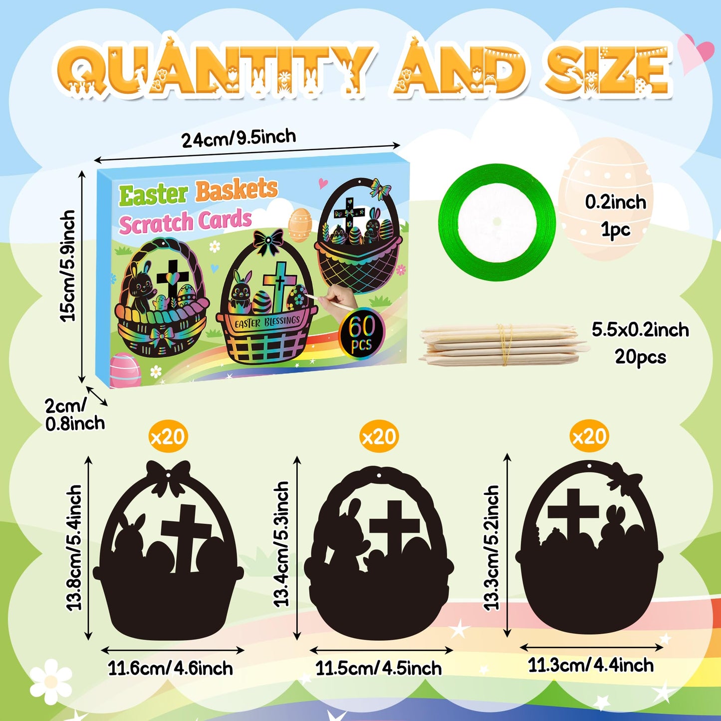 CY2SIDE 60PCS Religious Baskets with Egg Cross Scratch Card Gift Set DIY Christian Jesus is Risen Scratch Paper Craft for Kid Sunday School Activity Easter Bunny Magic Art Rainbow Color Paper Ornament