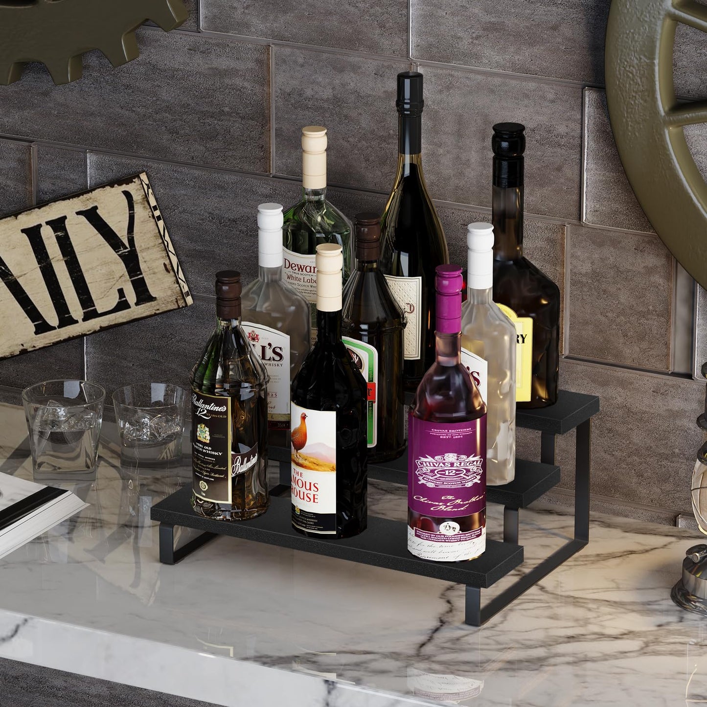 YINMIT Wooden Display Riser Stand, Tiered Perfume and Cologne Organizer Stand, 3 Tier Spice Rack Organizer, Rustic Display Shelf for Candles (3 Tier,Black)