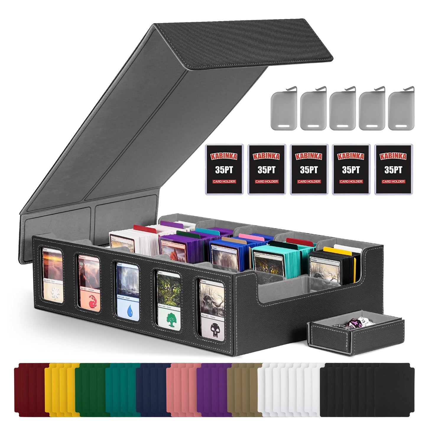 Kabinka Trading Card Storage Box with Commander Display, 5-Row Deck Case with Removable Lid; 3900+ Card Organizer for MTG TCG PTCG Sports Card, Top Loaders Storage Box (Black)