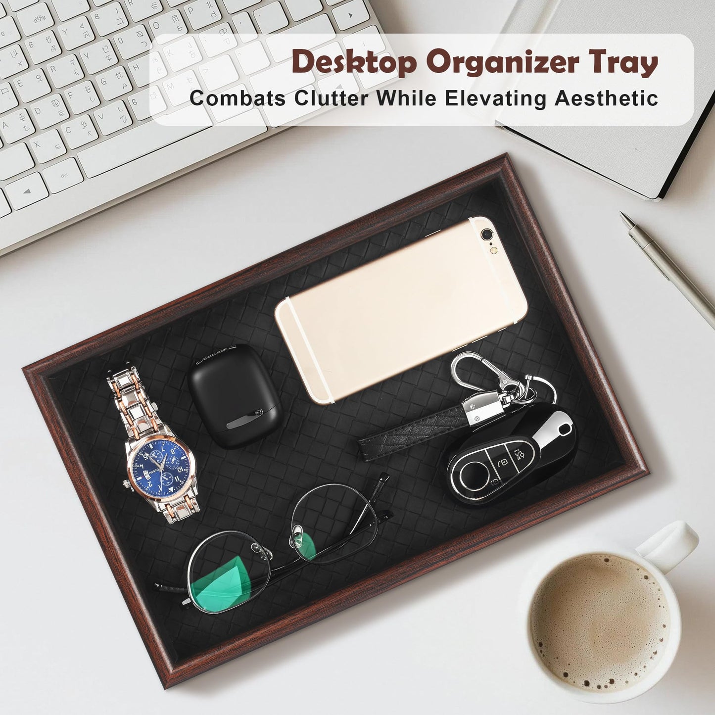 Zosenley Wooden Valet Tray with Leather Base - Nightstand Catchall Organizer for Cologne, Perfume, Keys, Wallet, Phone, Watch, Jewelry & Sunglasses (2Pcs Black)
