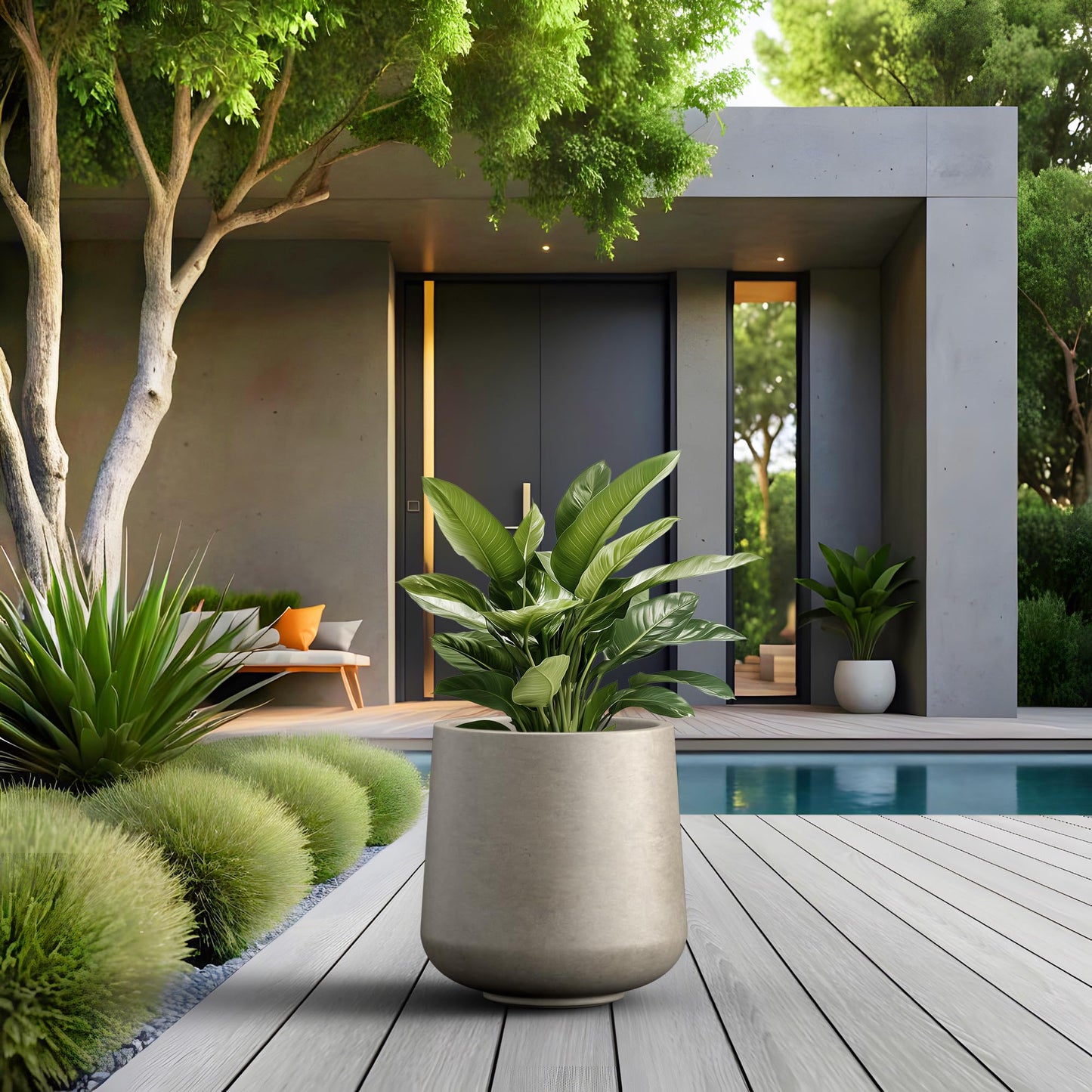 Kante Round Concrete Planter, 13 Inch Dia Barrel-Style Garden Pot with Drainage, Weathered Concrete Finish with Painted Interior, Ideal for Home, Patio and Garden (10.2" Opening)