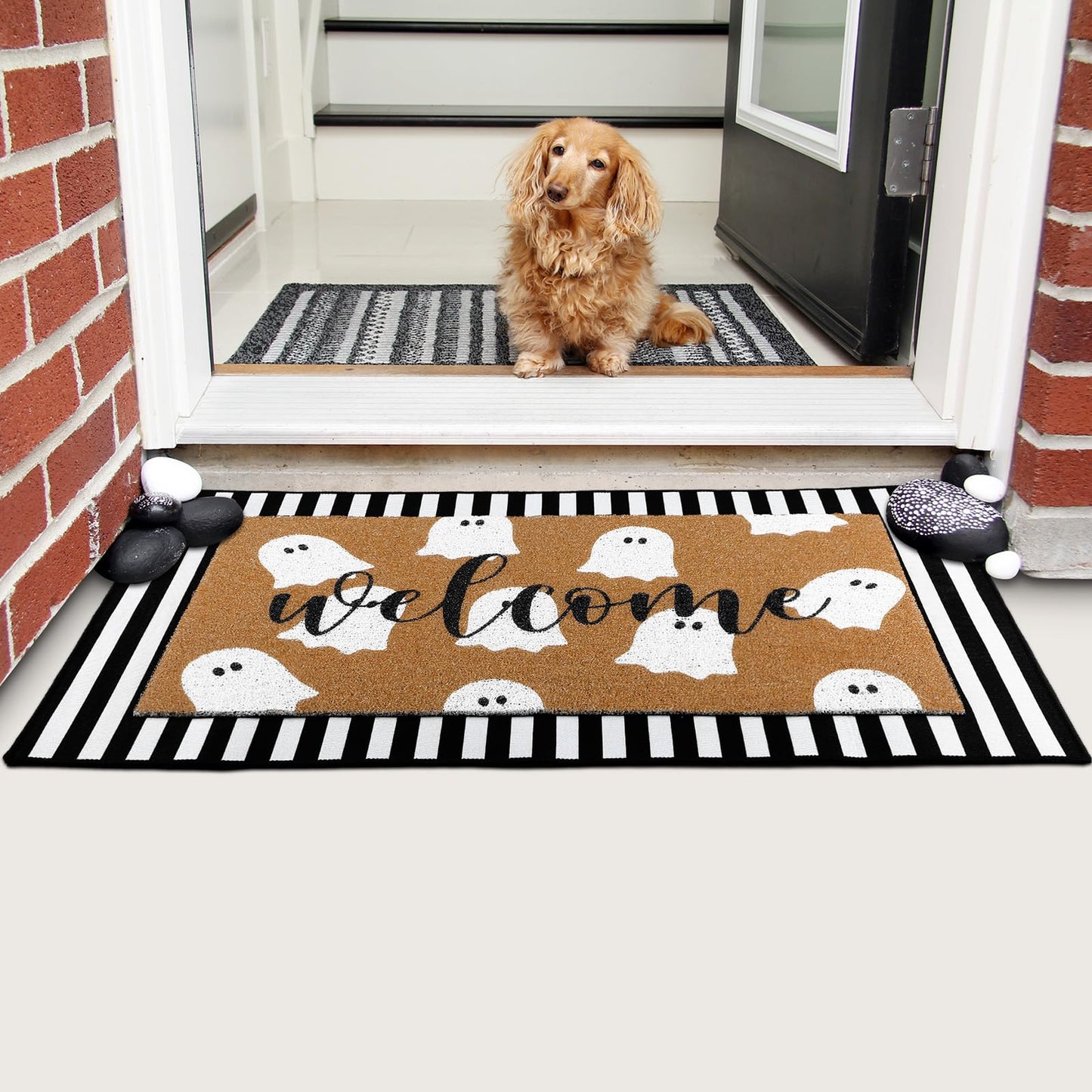 Tinideya 2 Pcs Door Mat Welcome Non Slip Coir Mats Floor Layering Doormats Seasonal for Front Porch Entryway Decor(Spooky)
