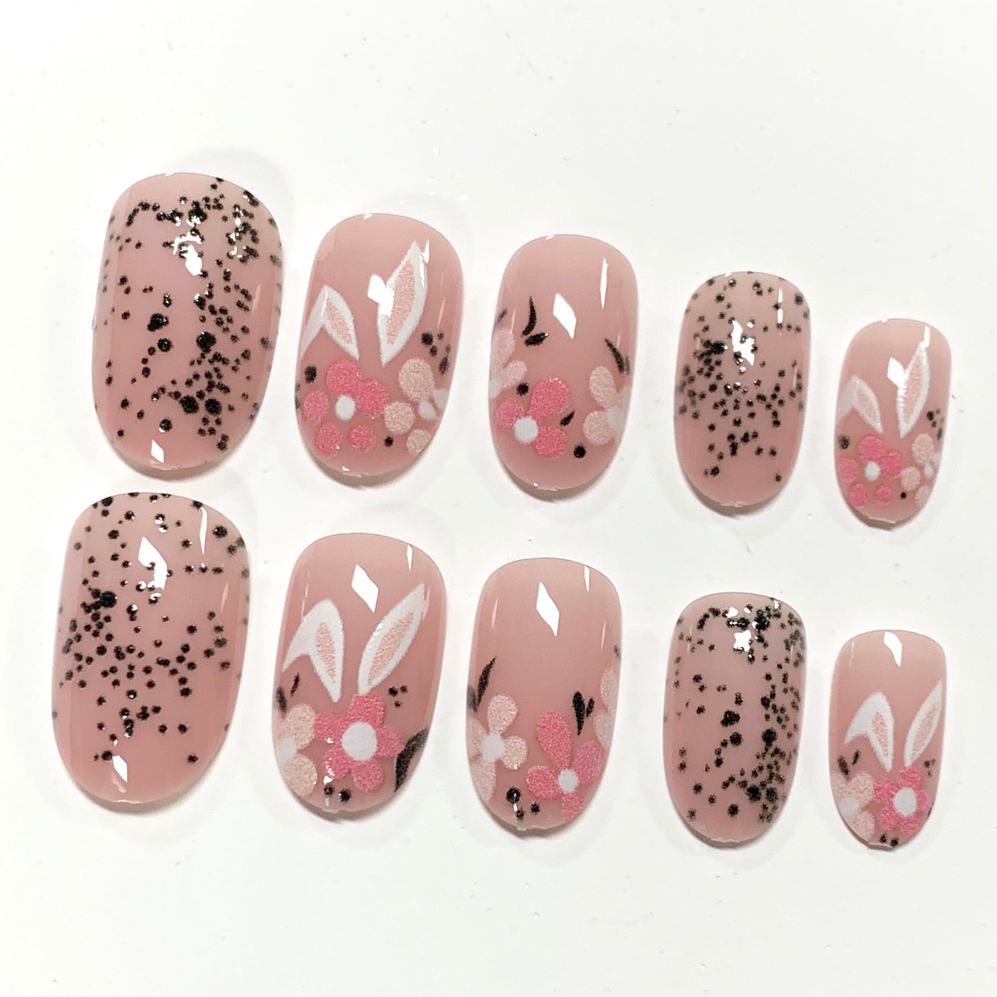BABALAL Pink Press On Nails, Short Round Fake Nails, With Floral & Rabbit Anime Design, Easter Cute Glossy Full Cover Glue On Nails For Women And Girls 24Pcs