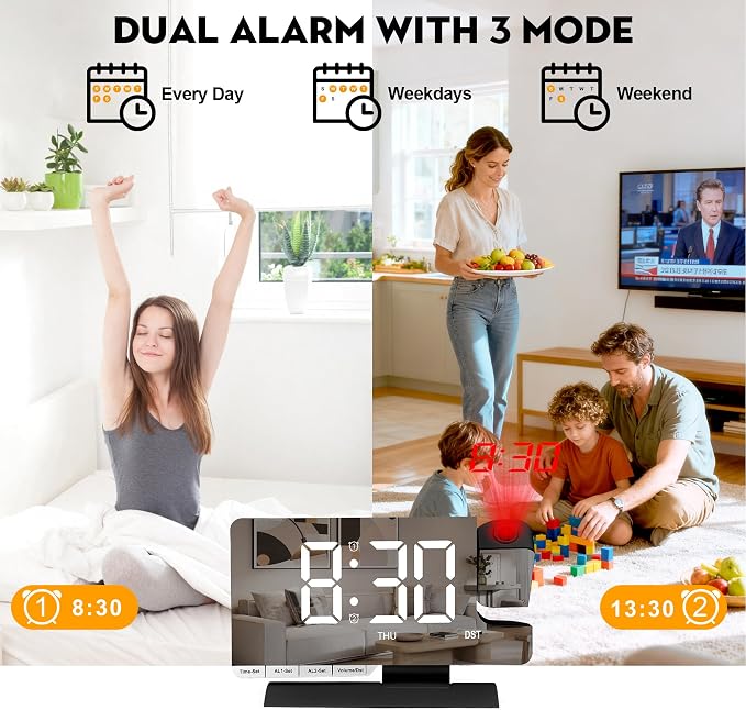 SZELAM Digital Clock,Alarm Clock Bedside with Projection,7.3" Mirror Clock with 180°Rotating Projector,Dual Alarm with 3 Mode,Brightnee Adjust,DST,Snooze,Charging Port,5 Levels Volume for Desk Teens