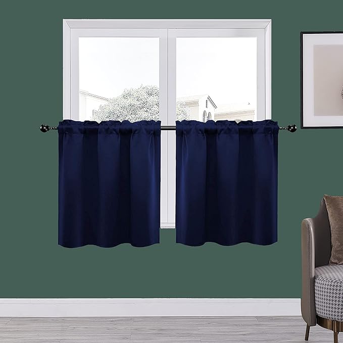 Pickluc 24 Inch Long Tier Curtains for Small Window Treatment, Short Blackout Curtain with Rod Pocket - Half Window Curtains for Kitchen, Cabinet, Basement, Camper, 2 Panels, Navy, 30 Inches Wide?€?