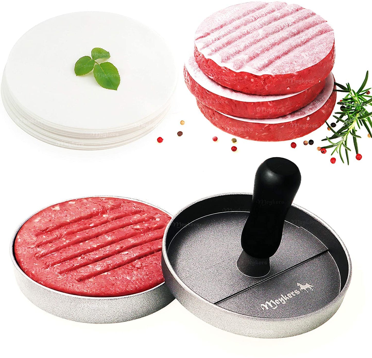 Meykers Burger Press 100 Patty Papers Set | Non-Stick Hamburger Press Patty Maker Mold with Free Wax Paper Sheets | Meat Beef Cheese Veggie Burger Maker for Grill Griddle BBQ Barbecue | BPA Free
