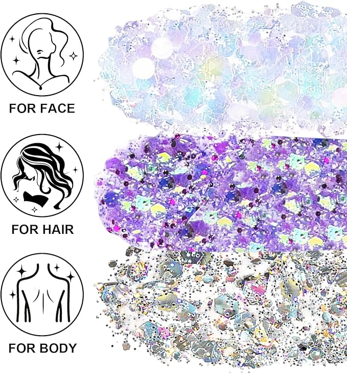 Face Body Glitter Set for Women and Kids, White Silver Purple Holographic Mermaid Sequins Chunky Glitter Makeup for Music Festival Rave Accessories, Christmas, Wedding, New Year, Prom