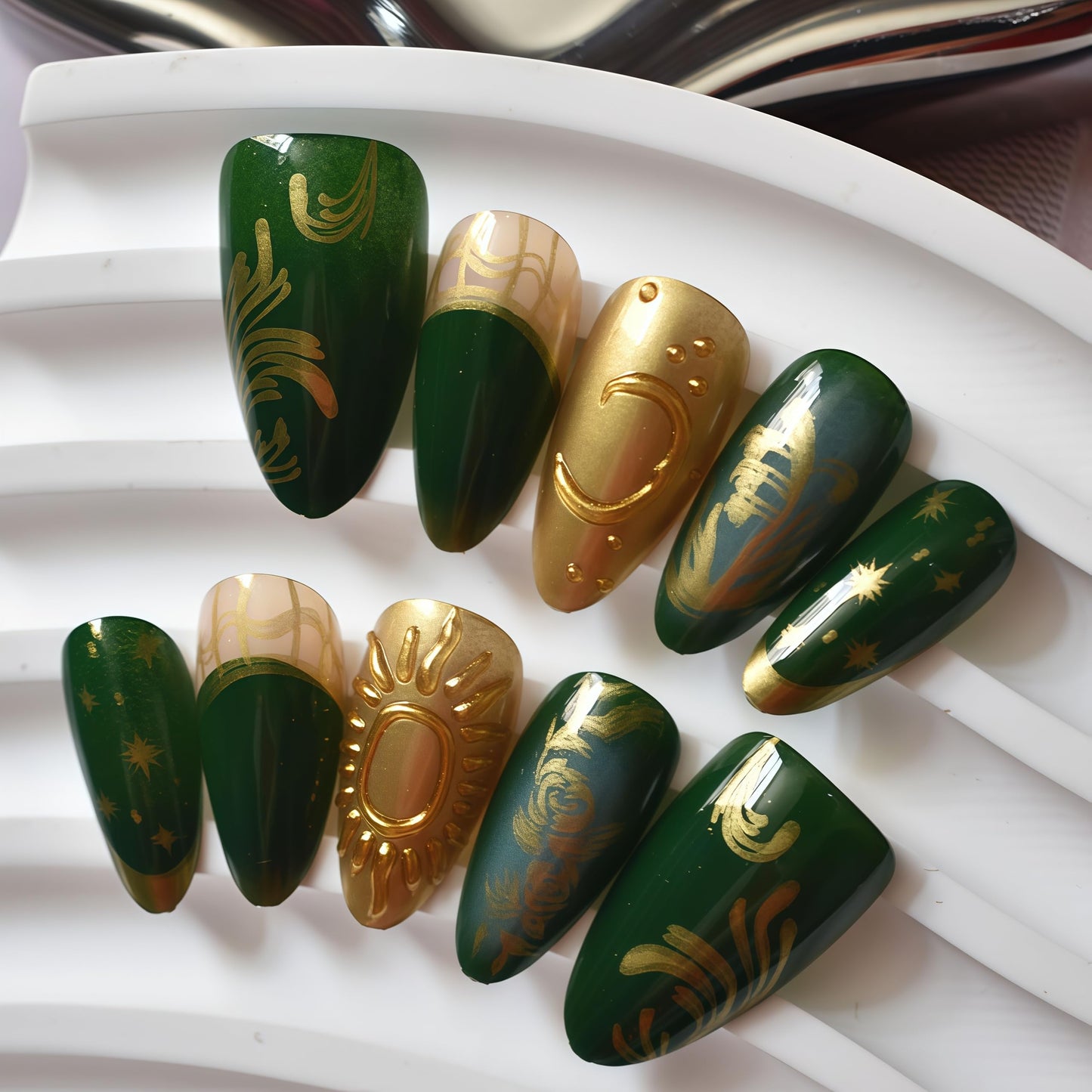Medium Press on Nails Almond Fake Nails Green Acrylic Nail Press Ons Seeneey Flowers and Gold Charm Designs Stick on Nail for Women 10pcs