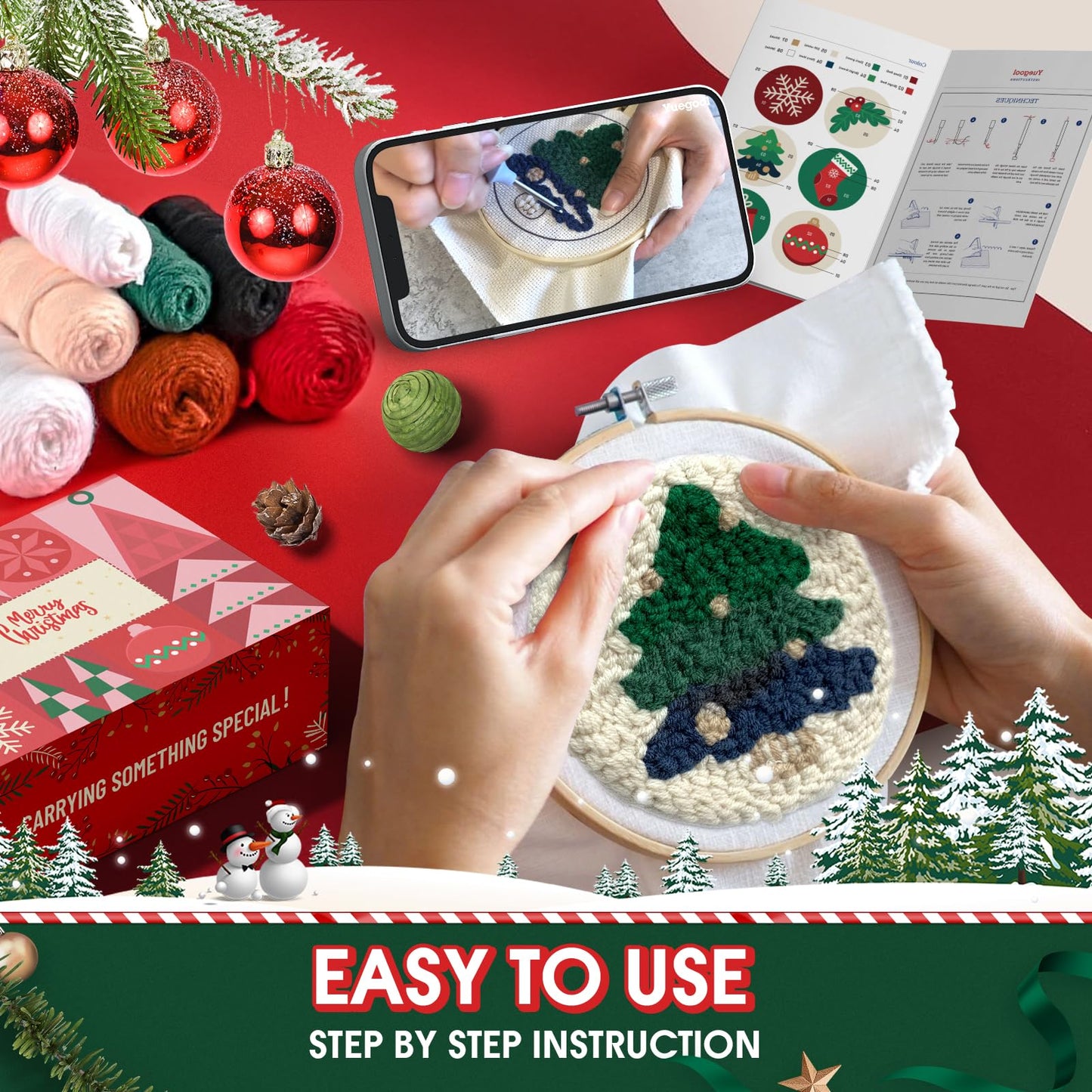 yuegool 6PCS Christmas Punch Needle Coasters Kit - DIY Embroidery Set for Adult Beginners, Holiday Art Craft Supplies with Patterns, Tools, Yarn, Hoop, Instructions, Coaster Holder