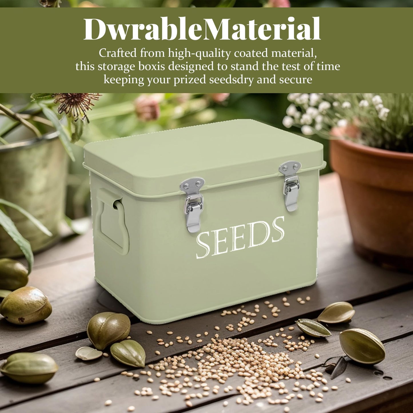 Ecopark Seed Storage Box, Professional All-in-one Kit with 2 Pens, 20 Plant Labels and 50 Seed Envelopes, Metal Storage Organizer, Saving Box, Seed Packet Container, Green