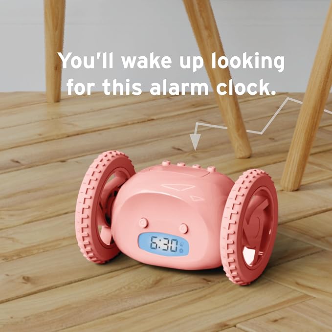 CLOCKY Extra Super Loud Alarm Clock for Heavy Sleepers Adults Kids Teens Bedroom, Move Jump Roll Run Away Easy to Set Smart Digital Alarm Clock on Wheels -Funny Gag Gift (Pink)