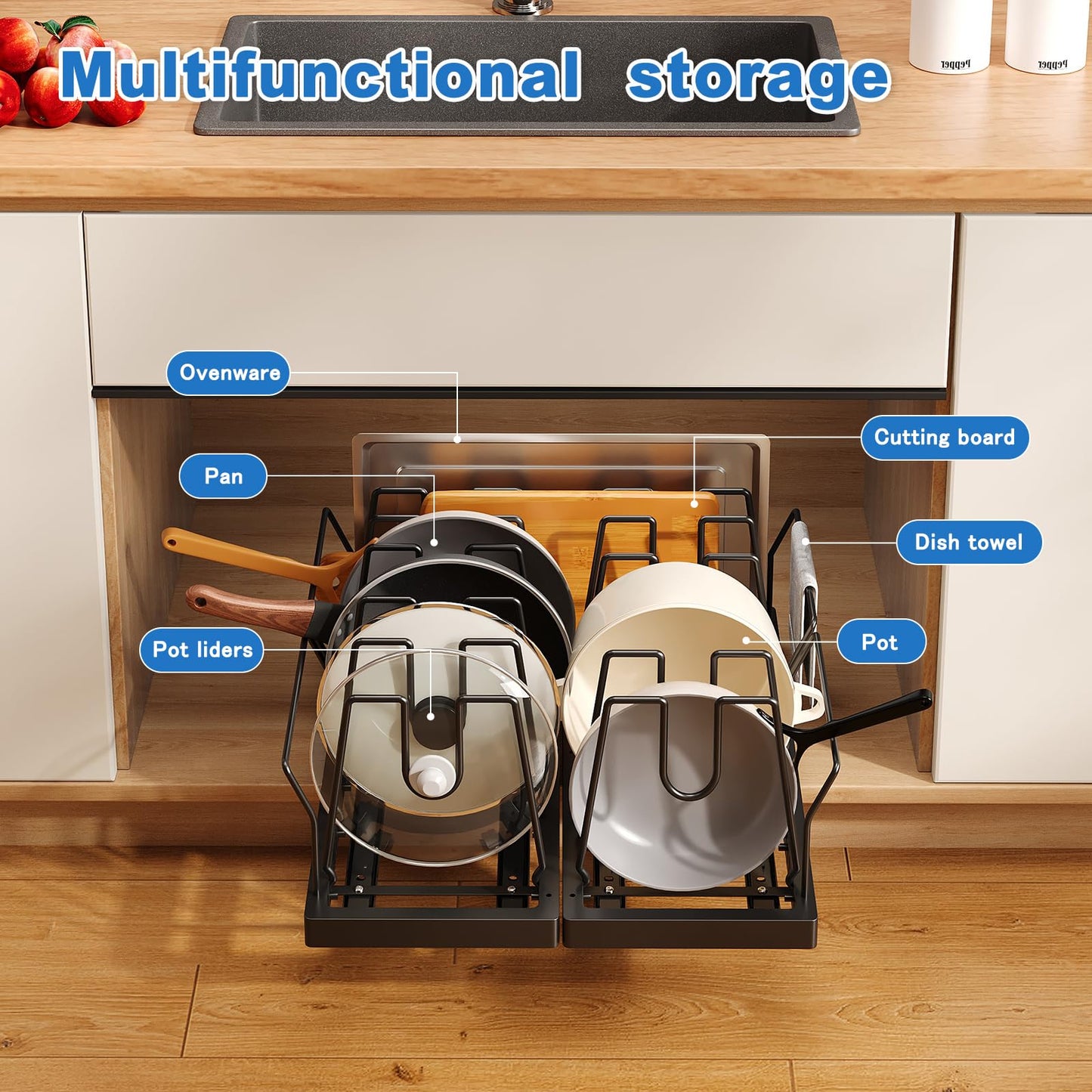 Mustorn Pots and Pans Organizer Under Cabinet, 21.6" Deep Pull Out Pot Lid Organizer Holder with Guardrail Adhesive Pot and Pan Holder Rack with 10 Adjustable Dividers-1 Pack(Black)