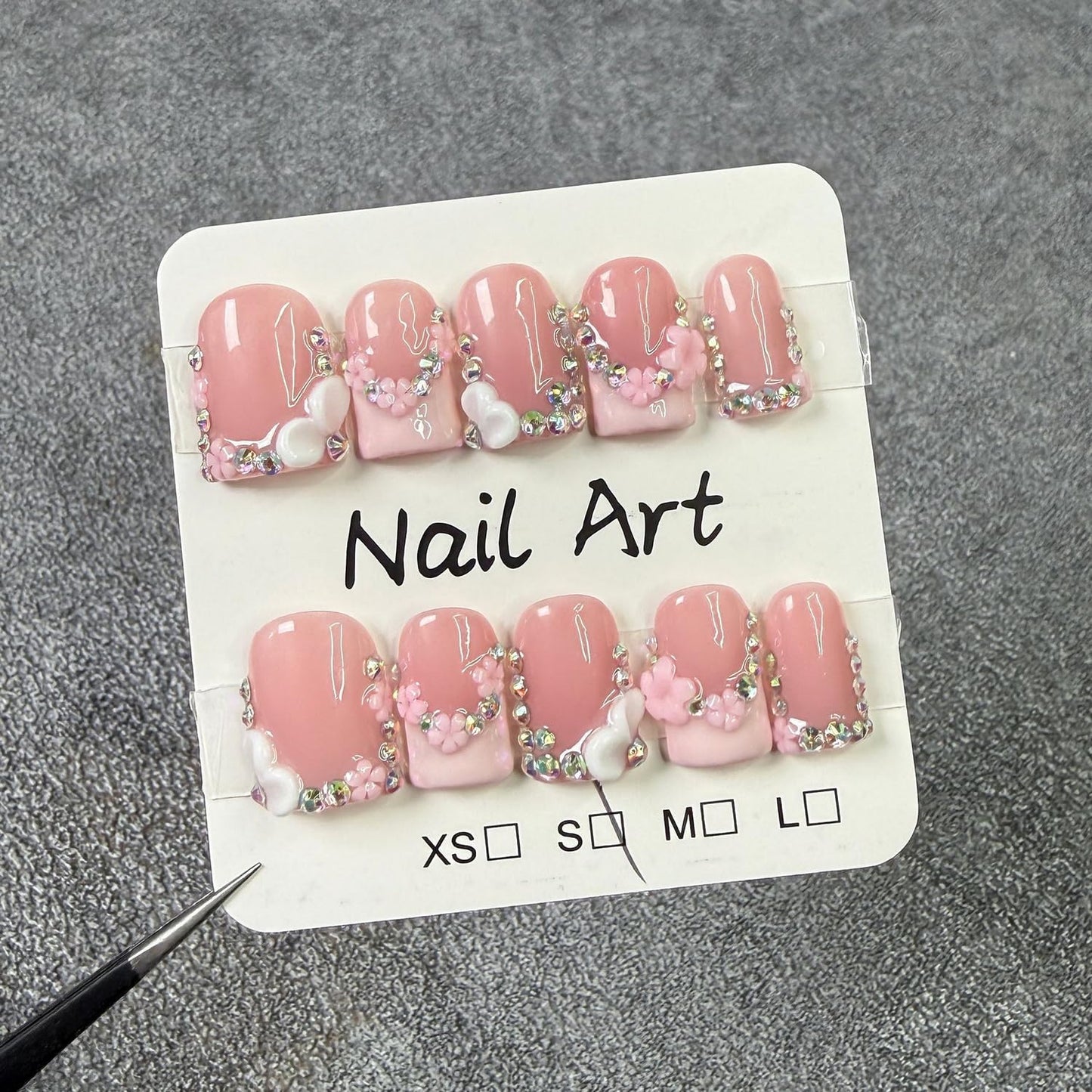 French Tip Press on Nails Handmade Short Square 3D Thick Acrylic Nails Pink False Nails with Flower Rhinestones Designs Cute Floral Fake Nail Sturdy Art Press on Nail 10Pcs(M)