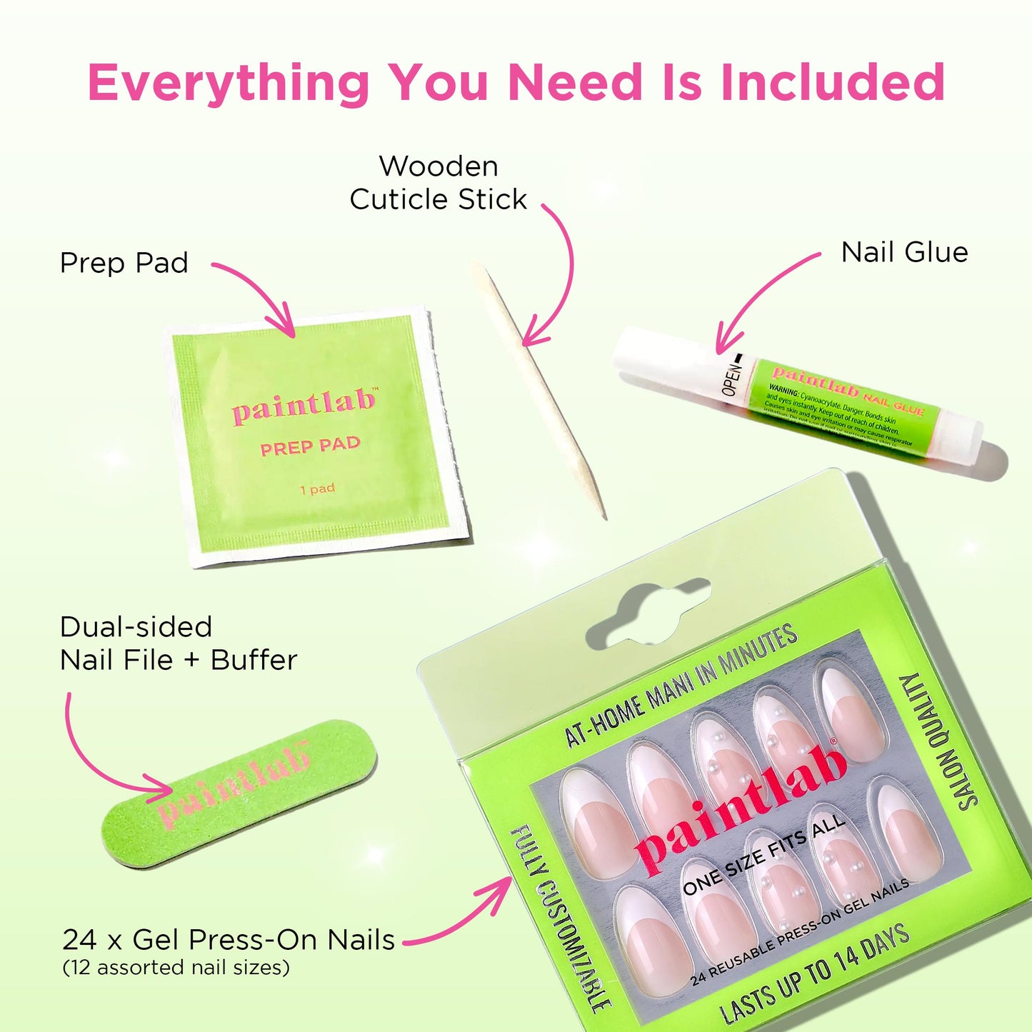 PaintLab Press On Nails - Mother of Pearl 3D Pearl White French Tip Almond Fake Nails, 30 Nails in 15 Sizes with Glue, Reusable Salon Quality Press On Nails