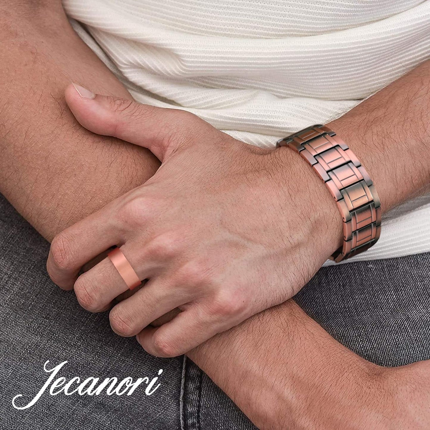 Jecanori 3X Magnetic Copper Bracelet for Men, Ultra Strength Magnetic Bracelet and Copper Ring Jewelry Gift Set with Adjust Tool