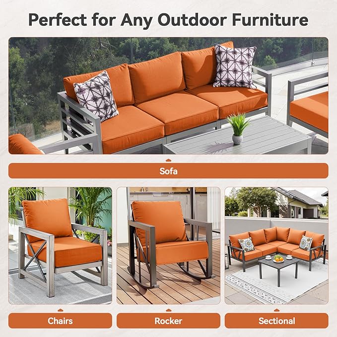 Luxury 6" Outdoor Cushions for Patio Furniture, 24x24x6" Thick Seat Cushion Set of 3, Fade Resistant Couch Chair Replacement Cushions High Density Deep Wicker Chair Cushion w/ Removable Cover, Orange