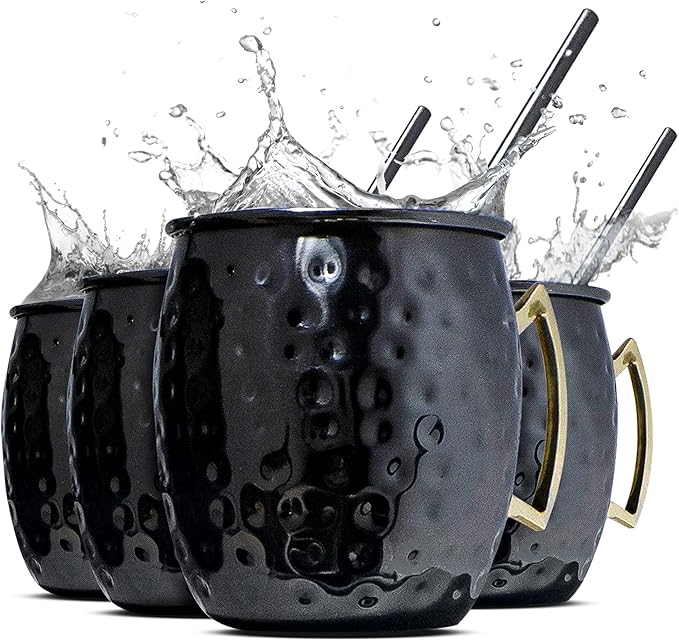 Artisan's Anvil Moscow Mule Mugs with Straws, Comfortable Brass Handle, Stainless Steel Made, Original Hammered Shape, Glossy Black Nickel Plated, Set of 2