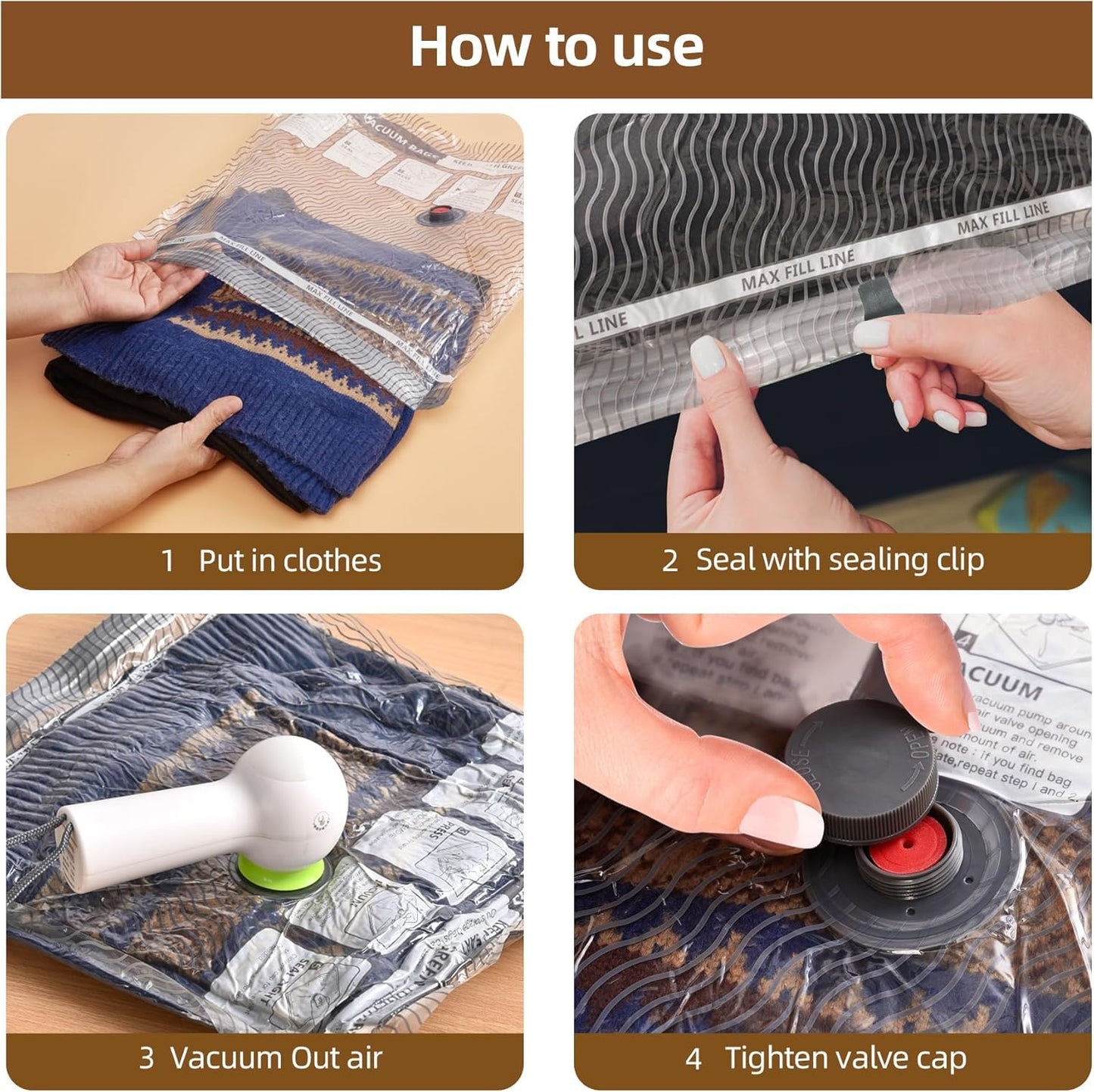 VACKFOX 15 Pack Vacuum Compression Bags for Travel, Carry-on Size Seal Packing Cubes for Luggage,Vacuum Storage Bags, Space Saver for Clothes 80% for Travel & Home(No pump)