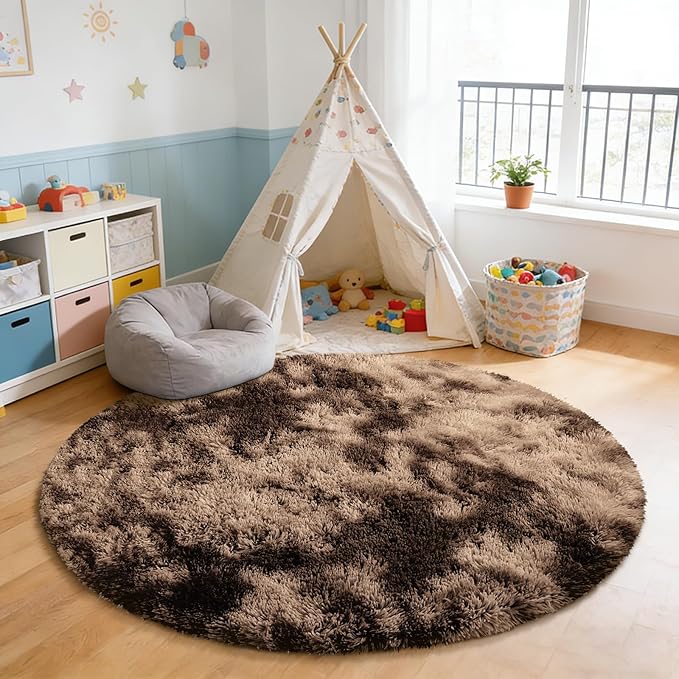 Tie-Dyed Coffee Fluffy Round Rug,Soft Area Rugs for Girls Room,Shaggy Rugs 4'X4' for Living Room,Non Slip Circle Rug for Kids Bedroom,Shag Plush Nursery Carpets,Fuzzy Rug for Dorm,Room Decor Carpet