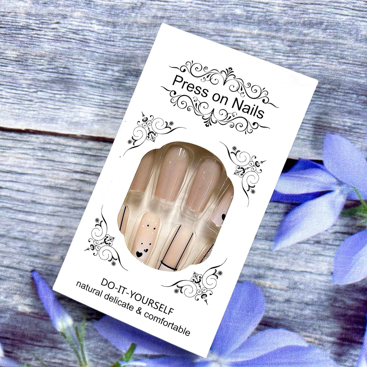 Valentine's Cat Eye Press on Nails Medium Square Black Heart Lines Design Valentine's Acrylic Nails White Gradient False Nails Holiday Nails Full Cover Artificial Nails Stick on Nails for Women