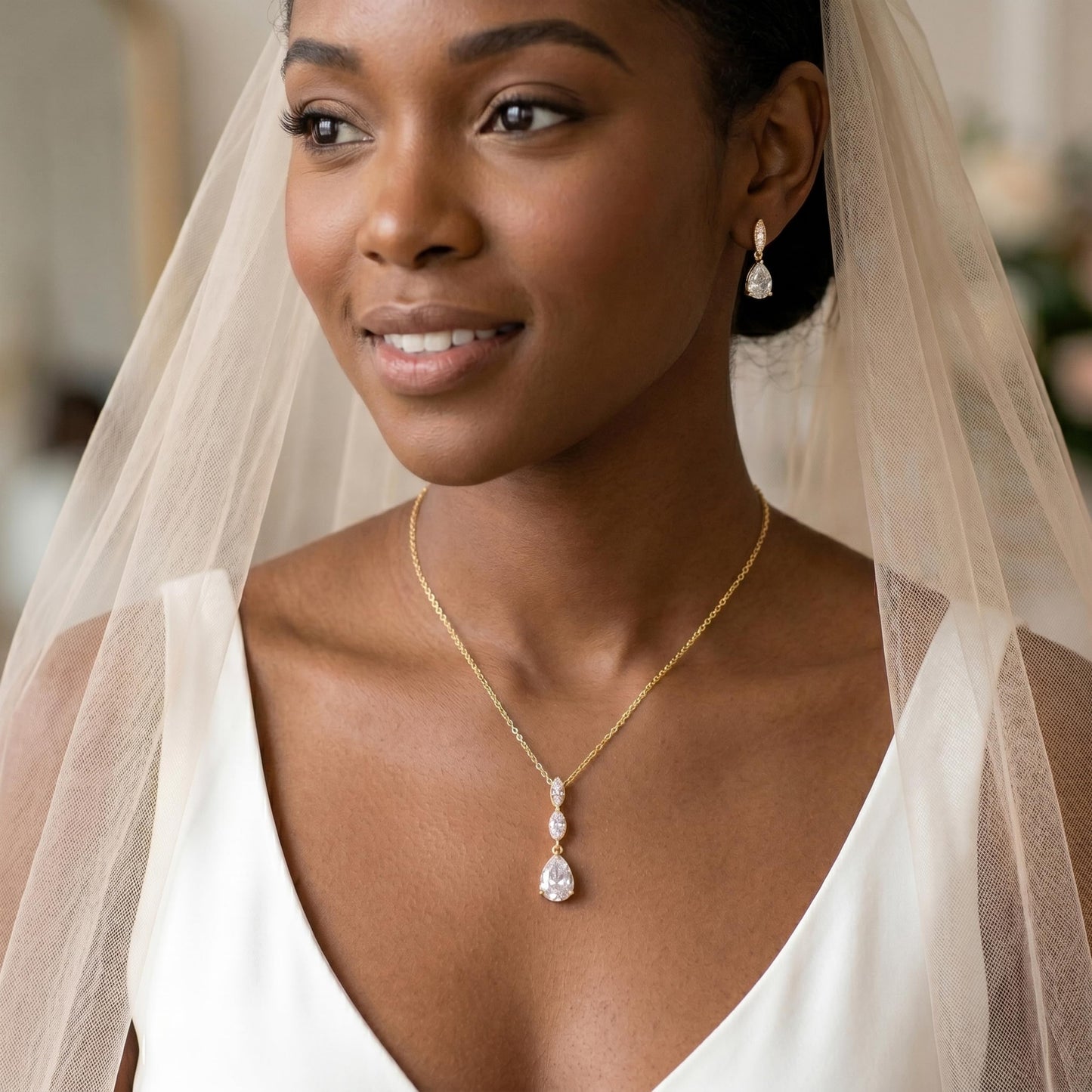Mariell Bridal Wedding Necklace Earrings Set, 14K Gold Plating, CZ Crystal Pendant and Drop Earring for Brides, Bridesmaids