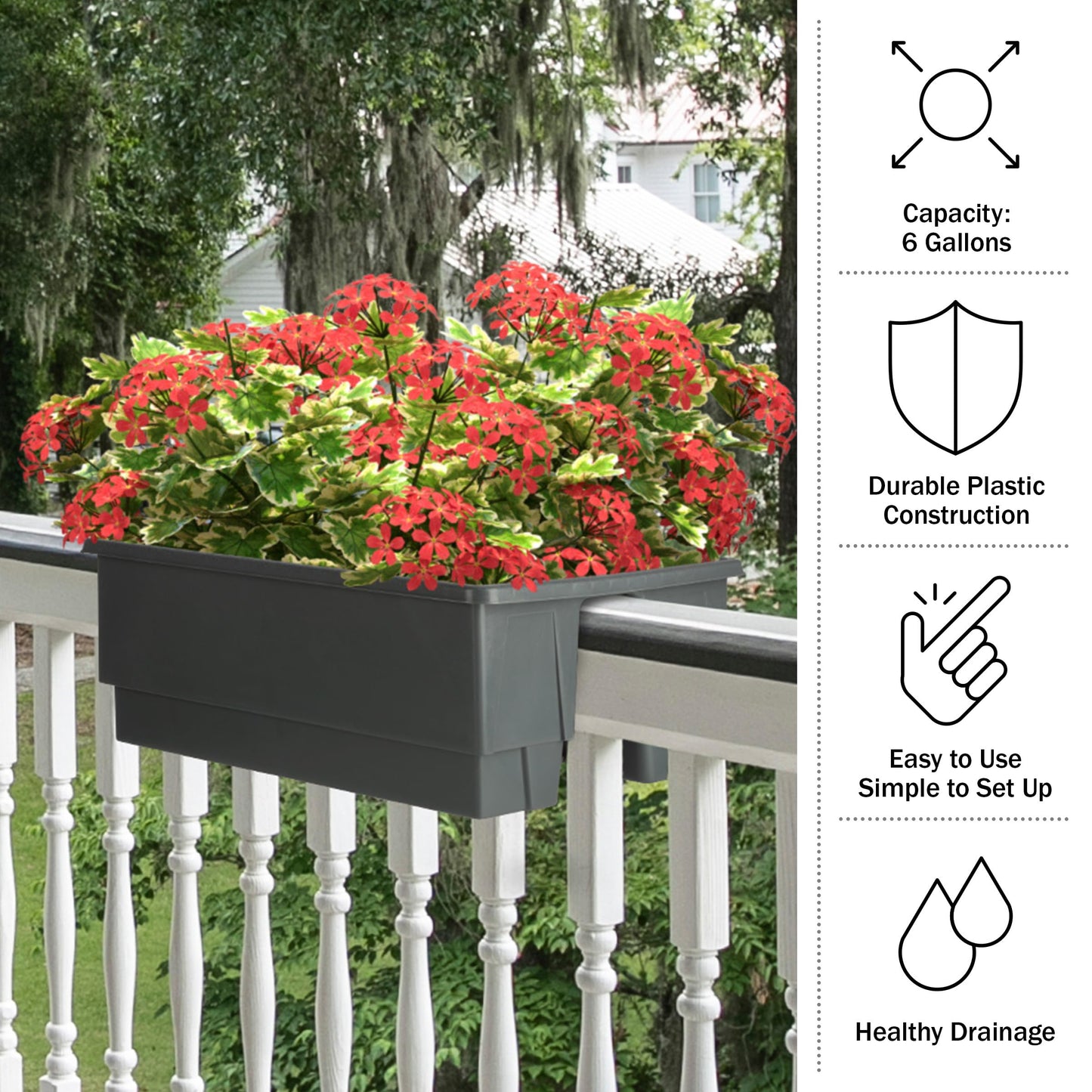 Railing Planter Box 2-Pack - 20.75-Inch Flower Boxes with Removable Drainage Inserts - 6-Gallon Outdoor Planters for Porch, Deck, or Balcony Decor, Fits Rail 3” - 4” by Pure Garden (Gray)