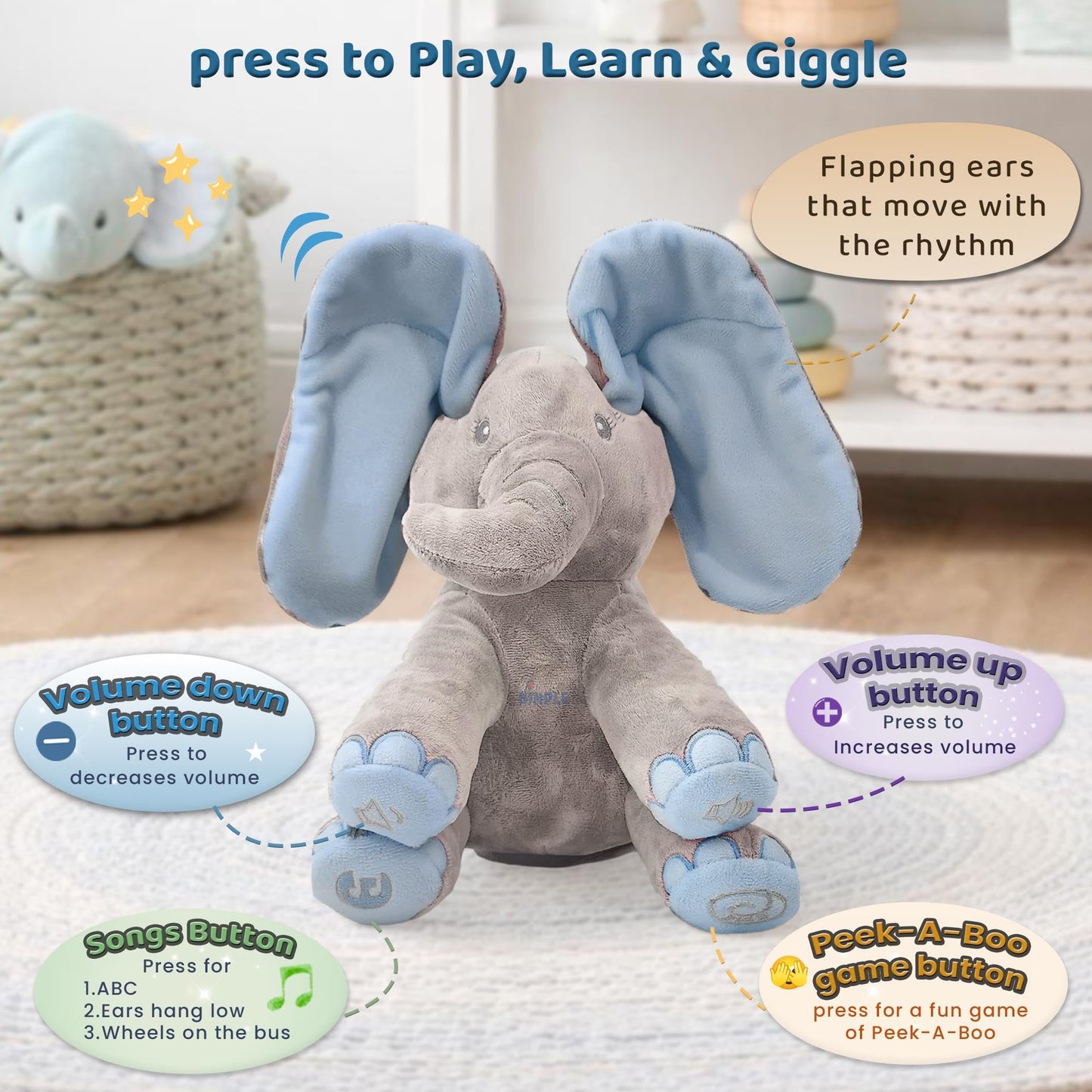 Dimple Kyle Elephant Stuffed Animal Toy - Animated Plush Blue Singing Elephant, Interactive Musical Peek-a-Boo for Babies, Kids, for Toddlers, Ages 0 and Up(Battery Included)