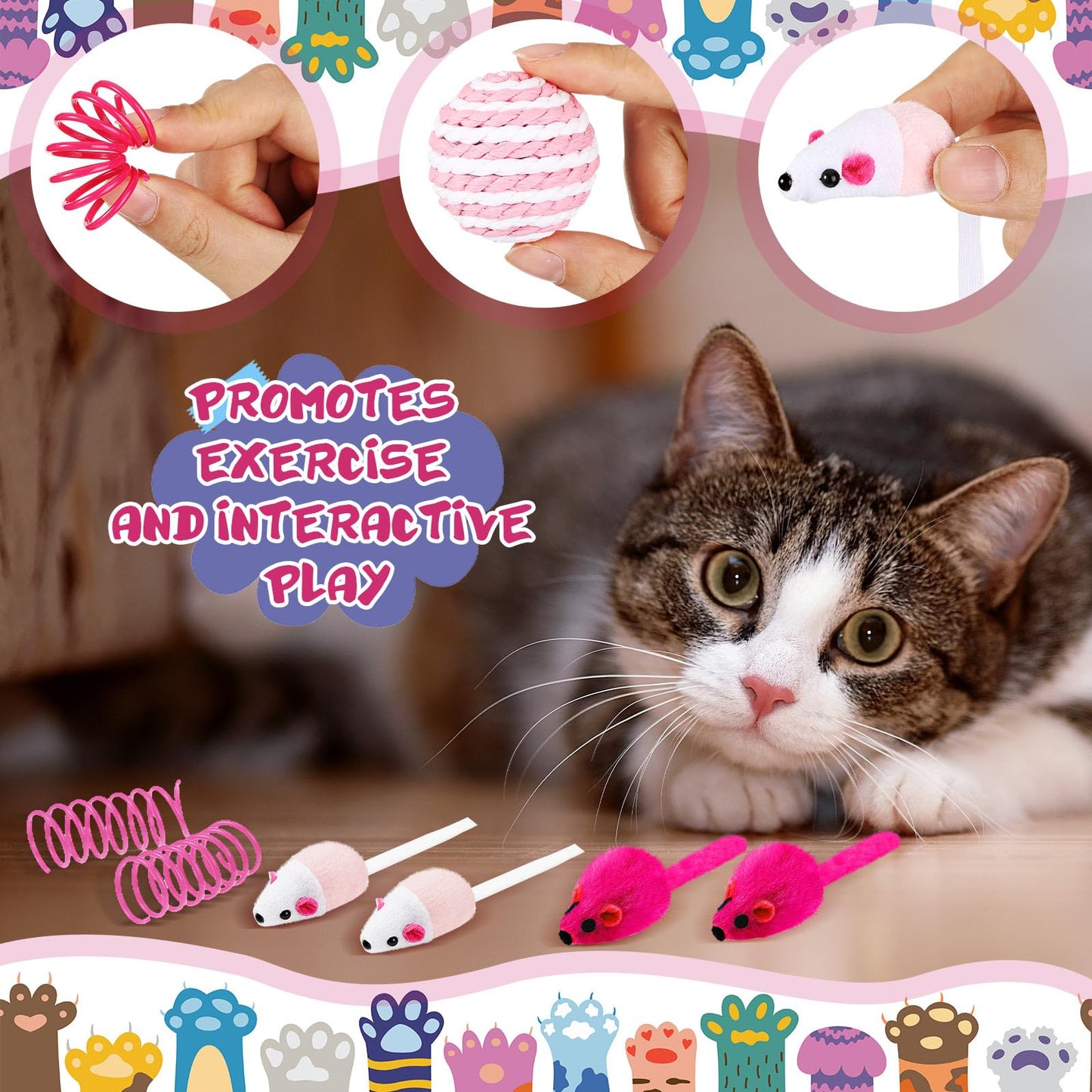 Gemscream 46 Pcs Cat Toys Set Interactive Cute Cat Toys Include Fur Mice Rattle Springs Crinkle Balls Pompom Bell Sisal Ball Puzzle Chase Toys for Kitten Indoor Stuff Gift(Pink)