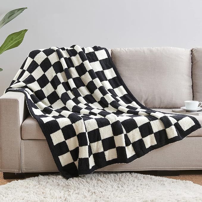 CozeCube Checkered Blanket, Ultra Soft Cozy Black and White Throw Blanket, Warm Cozy Knit Fuzzy Plush Checkerboard Throw for Couch Bed Sofa, 60"x80"