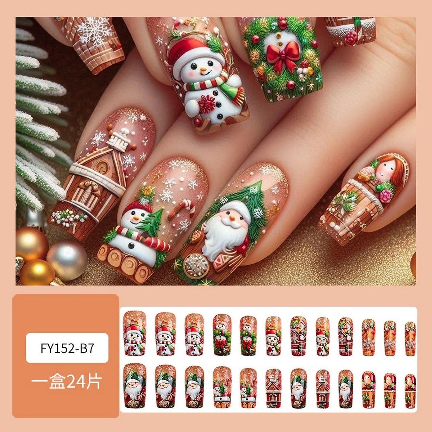 Christmas Press on Nails Christmas Theme Medium Glossy Acrylic Square Shaped Winter False Nails with Snowflake Designs Artificial Xmas Relief Snowman Fake Nails for Women Manicure Decoration 24 Pcs