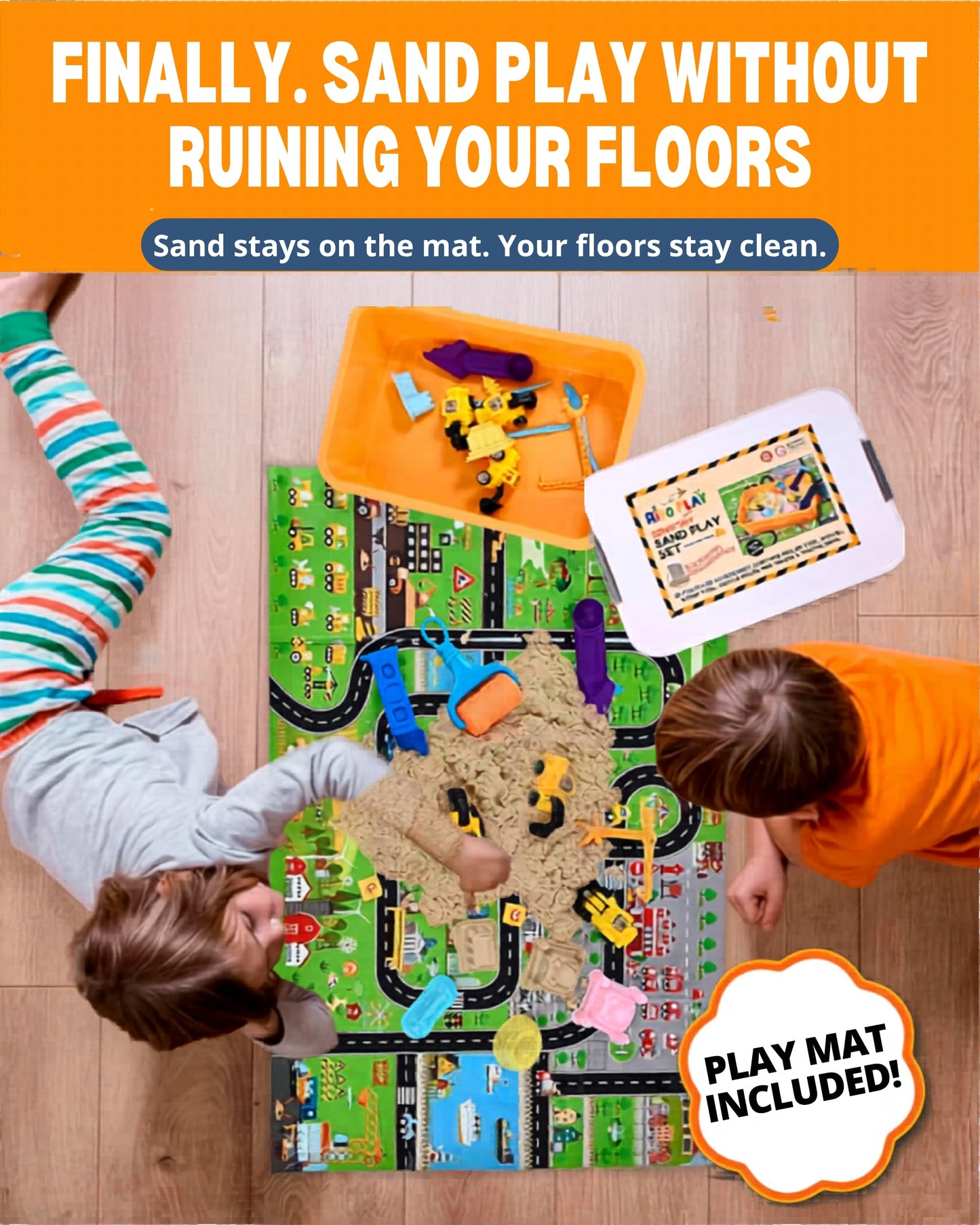Riyo Play Construction Sensory Bin for Toddlers with 2-in-1 Play Mat & 2.8lbs Moldable Sand, Kids Sensory Bin with Lid & Handle, Toddler Sensory Kit Boys & Girls, Learning Activity, Gift Ages 3+