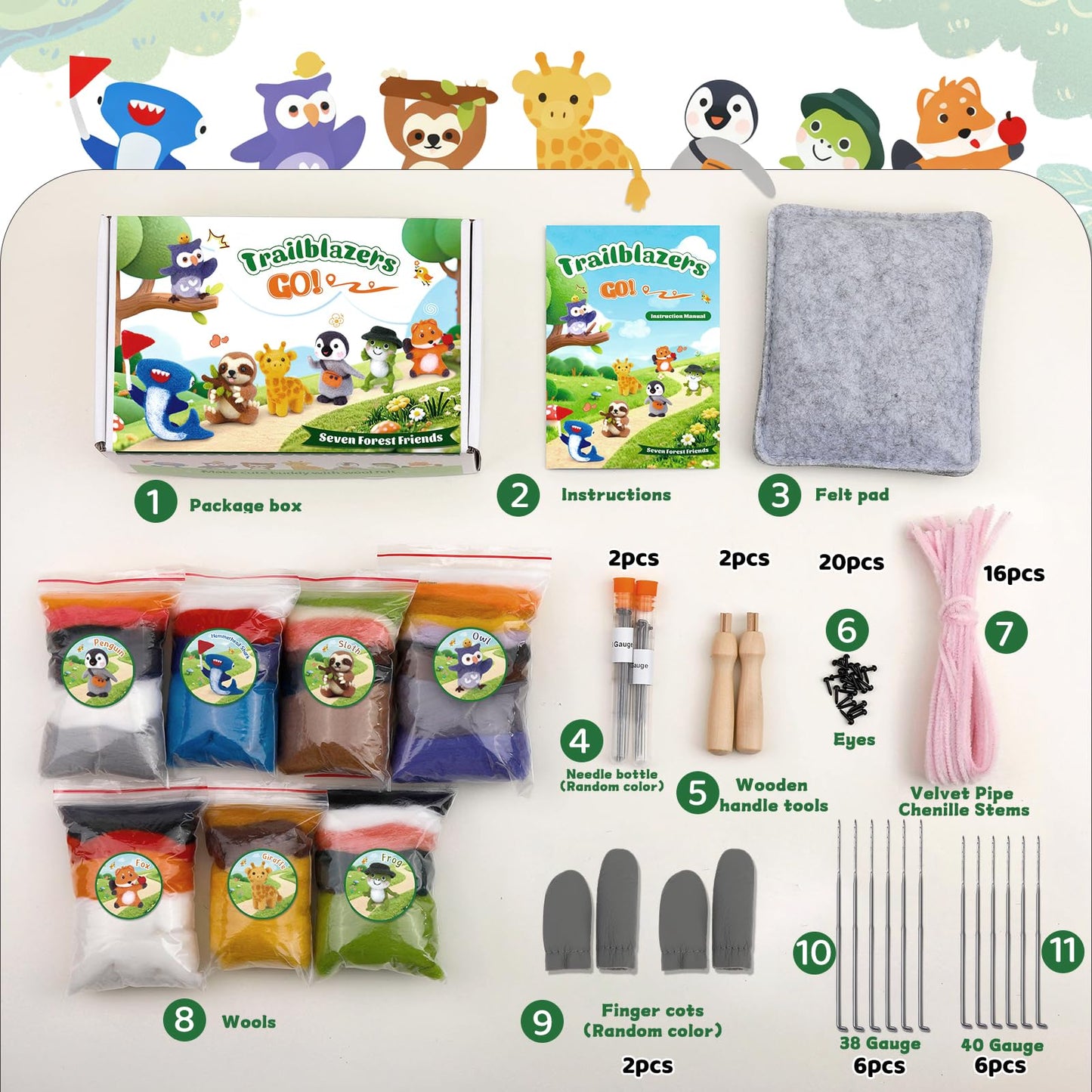 OEHPICC Needle Felting Starter Kit, 7 Cute Buddy Wool Felting Kit, Animal Felt Kit for Beginner Adults with Felting Needles and Instructions for DIY Felting