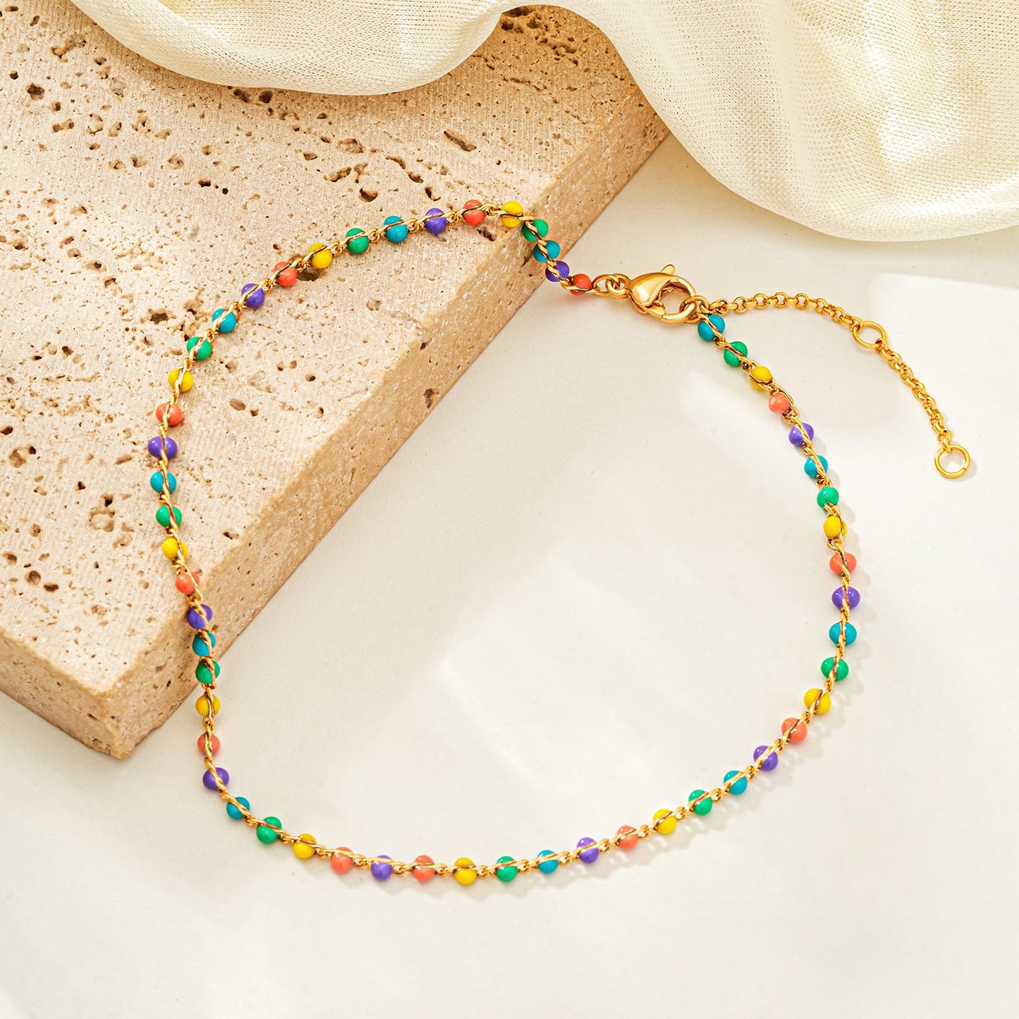 MTMY Gold Anklets for Women 14K Gold Plated Tiny Bead Anklet Tassel Foot Chain Dainty Adjustable Cute Summer Beach Boho Anklets Jewelry Gift for women (colorful beads)
