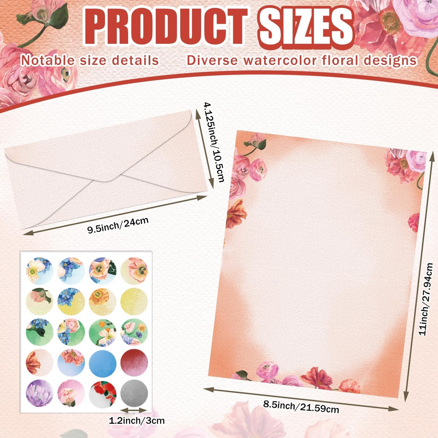 EggSun 250Pcs Watercolor Stationery Paper and Envelope Set with 100 Letterhead Papers and 50 Envelopes, 10 Design for Letter Writing,Invitations Computer Holidays Party Notes, 8.5x11 Inch-Floral