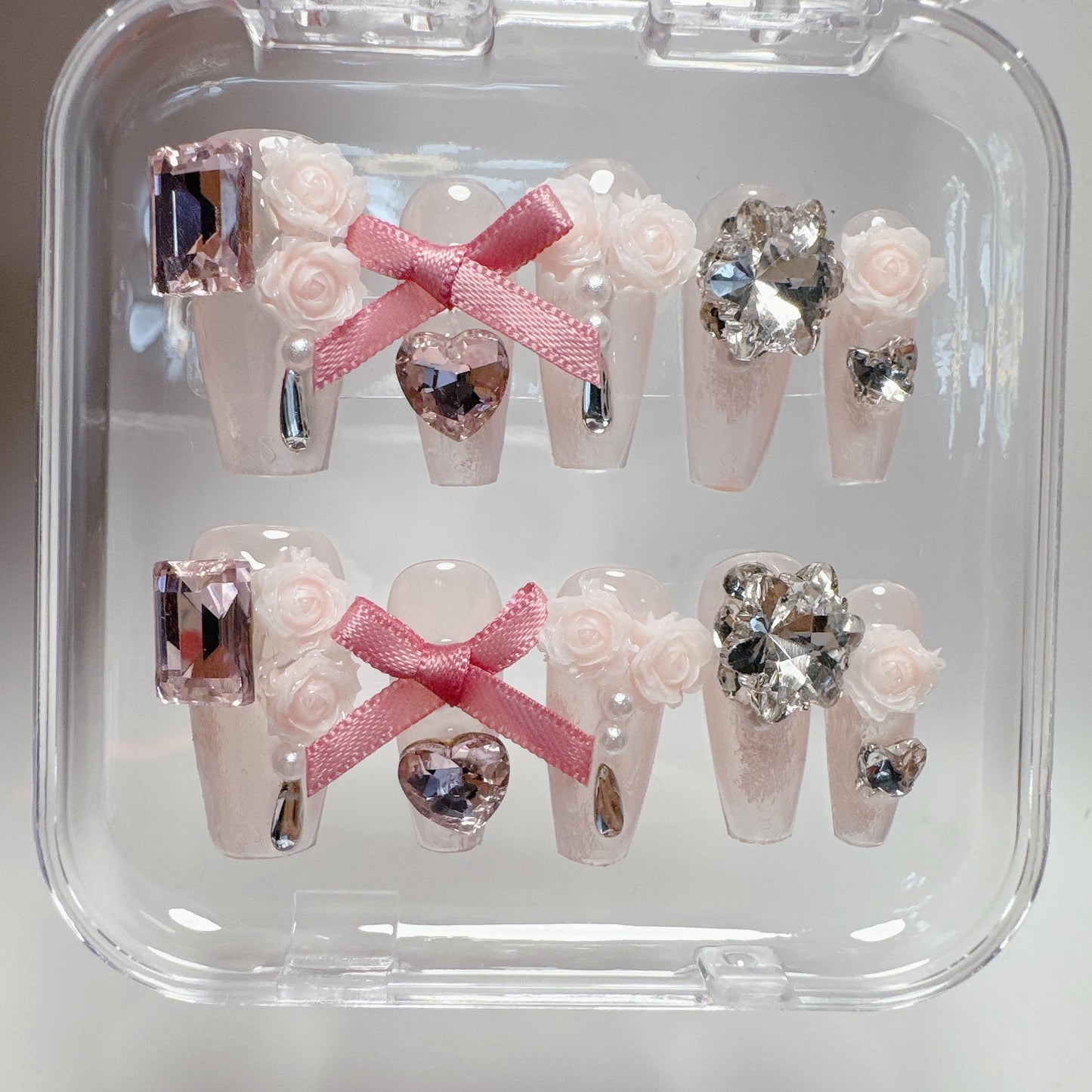NLSJMP,Handmade Long Balerina Press on Nails,bow rhinestone Pearl Design Nail Art Kit,Acrylic Fake Nails Kit,Reusable False nails,Include Toolkit,10pcs,Rose,Size M