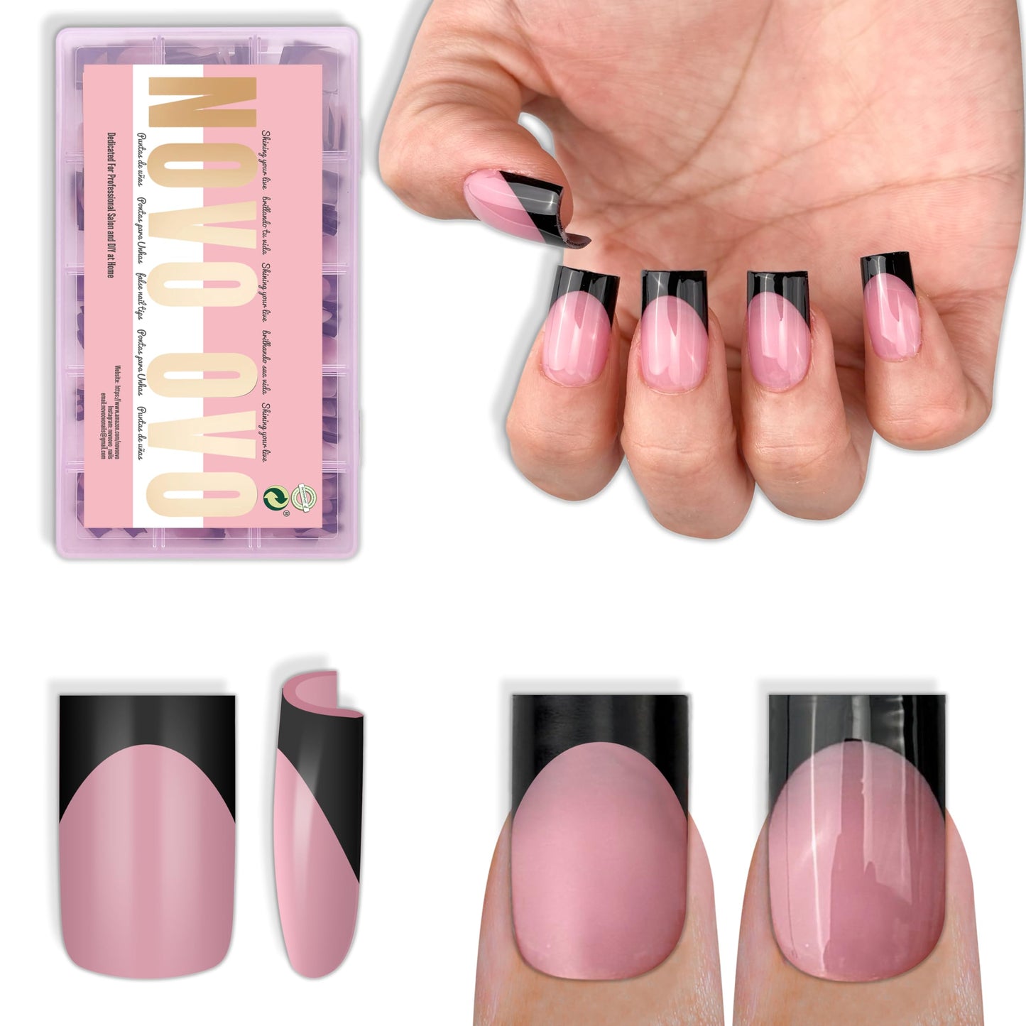 NOVO OVO Short Sharp Square Black French Tip Nail Tips Press on BERRY PINK, Extra Thick NEED Nail Glue Builder Gel Top Coat, Soft Gel Full Cover Fake Flase Nail Extension for DIY x 15 Sizes 240 pcs