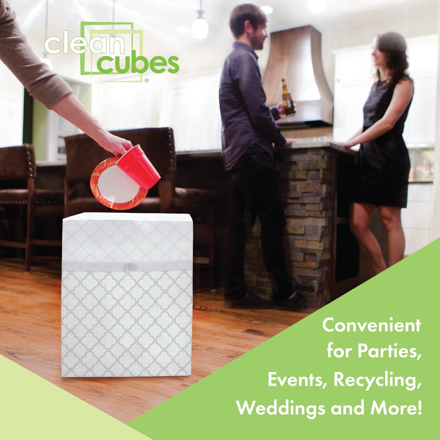 Clean Cubes 13 Gallon Disposable Pop-Up Trash Cans (3-Pack) with Fitted Bags – Foldable Garbage & Recycling Bins for Parties, Events & Kitchen (Trellis, 17" H x 13.5" W x 10" D)