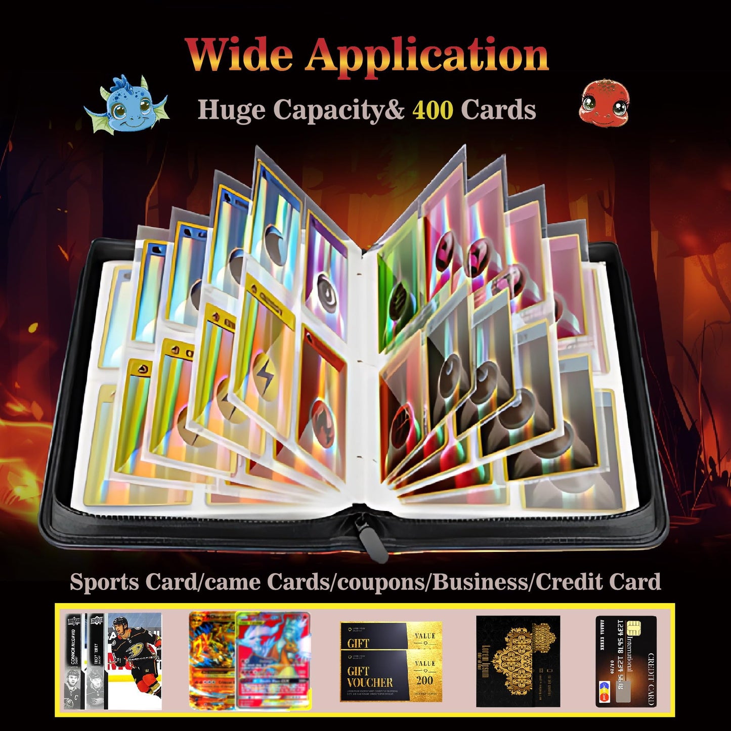 Trading Card Binder 400 Cards, 50 Removable 4-Pocket Pages, Zippered PU Leather for MTG/Sports/TCG, 3-Ring Expandable, Bold Fire Cover (Enhanced Durability Edition)