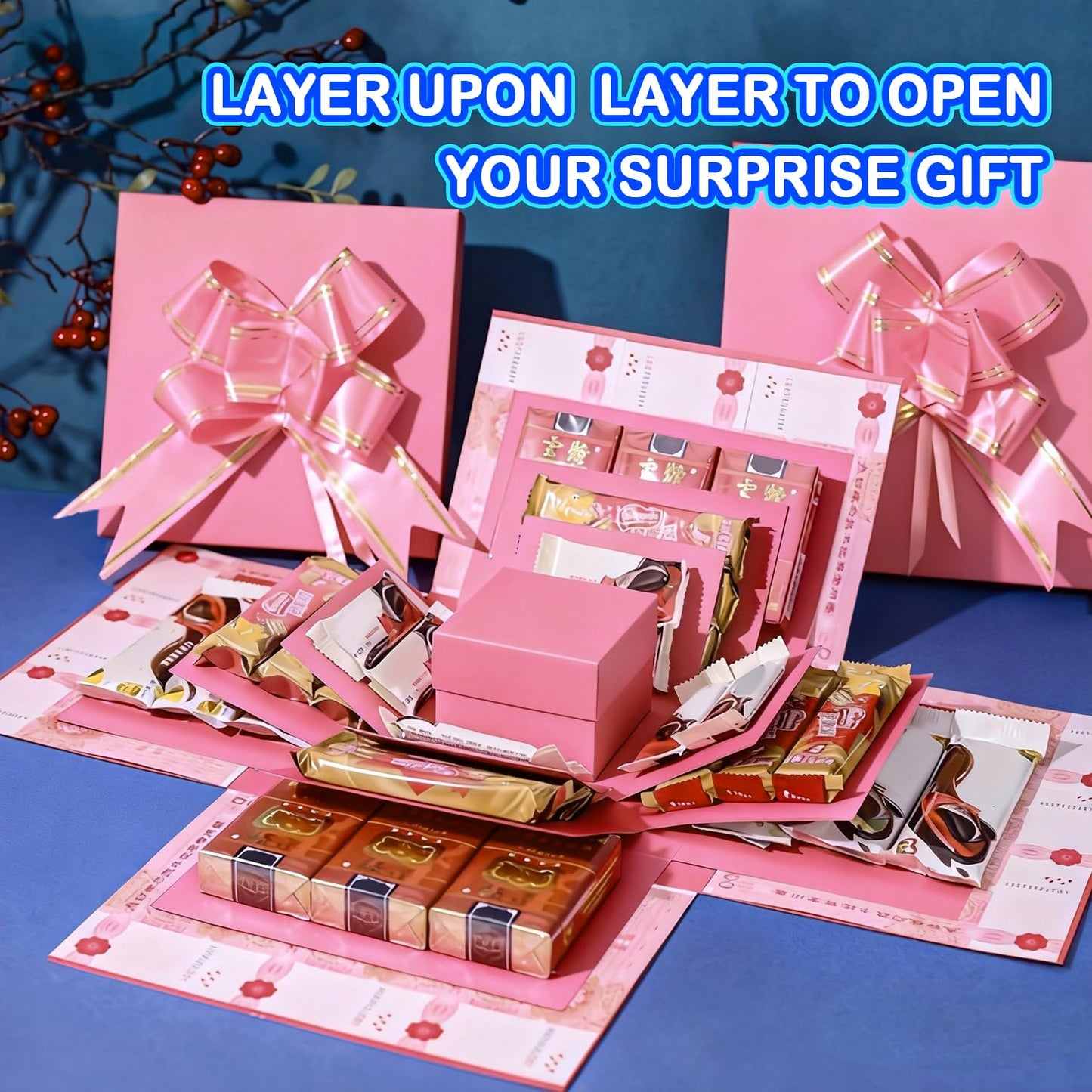 5-Layer creative explosion gift box, gift wrap box. Creating a 5-Layer of various gifts by yourself. An ideal, mysterious self-made gift for birthday, Christmas and anniversaries. (Pink, Square)