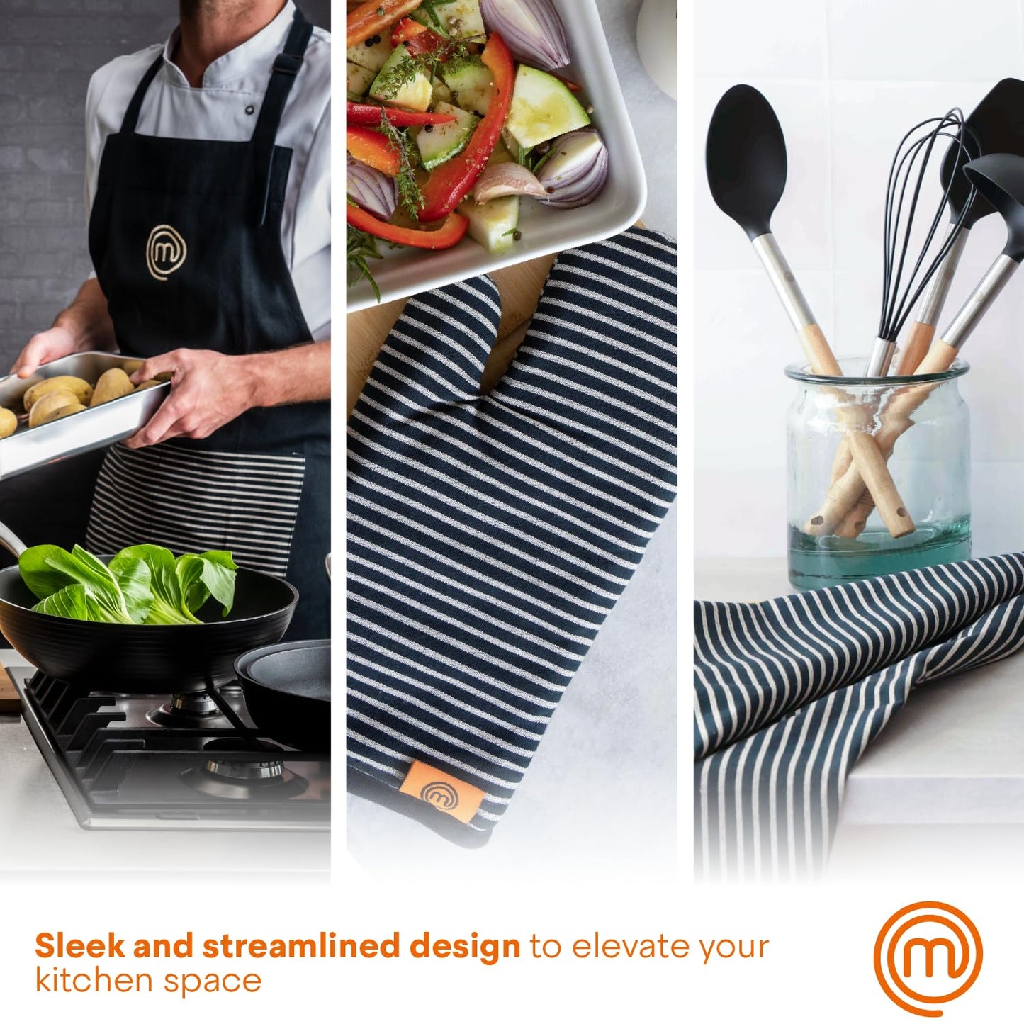 MasterChef Kitchen Set of Cooking Gifts for Men & Women, 5pc Set includes Chef Apron, Pair of Oven Mitts & 2 x Kitchen Towels, Premium Quality Cotton with Official Logo, Elite Black