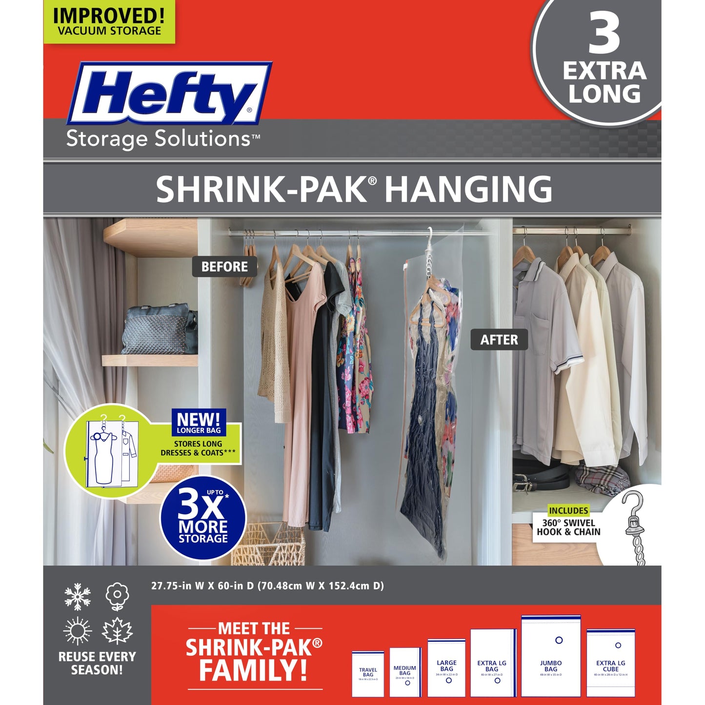 Hefty Hanging Compression Bags 3 Extra Long Vacuum Garment Storage Bags for Clothes, Travel, Closet Organization (60 X 27 Inches) (X-Large)