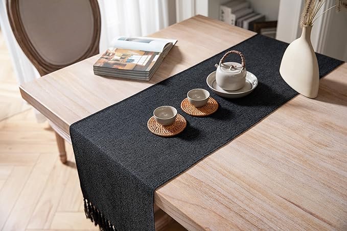 ZeeMart Black Table Runners 60 Inches Long, Burlap Linen Style Rustic Farmhouse Table Runner, Boho Woven Dining Table Runner, 13x60 Inches, Black