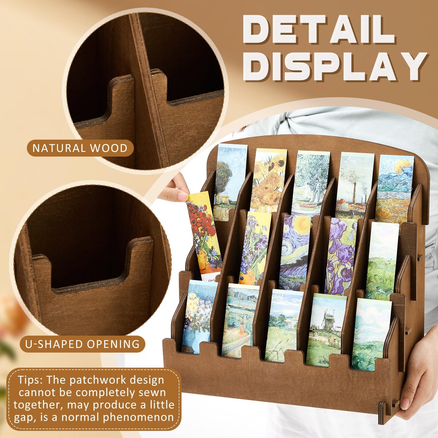 Yuntau Bookmark Display for 2.2'' Bookmark, Adjustable Dividers, Portable Sticker Holder, Curved Pockets Greeting Card Display for Business Vendor, Retail Store Shop(15 Pockets,Brown)