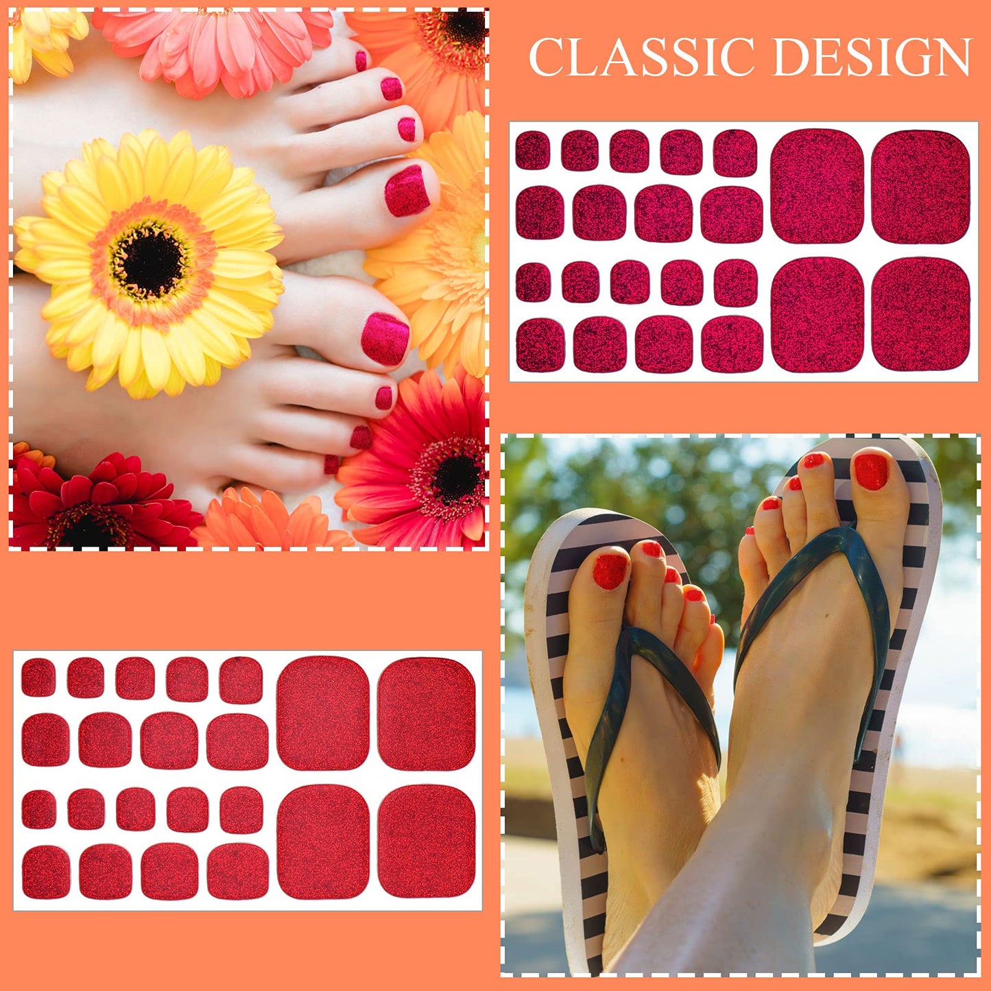Maitys 20 Sheets 440 Pcs Glitter Toe Nail Stickers Toenail Polish Strips Solid Color Full Wraps with 2 Nail Files for Women Self Adhesive(Vivid Color)