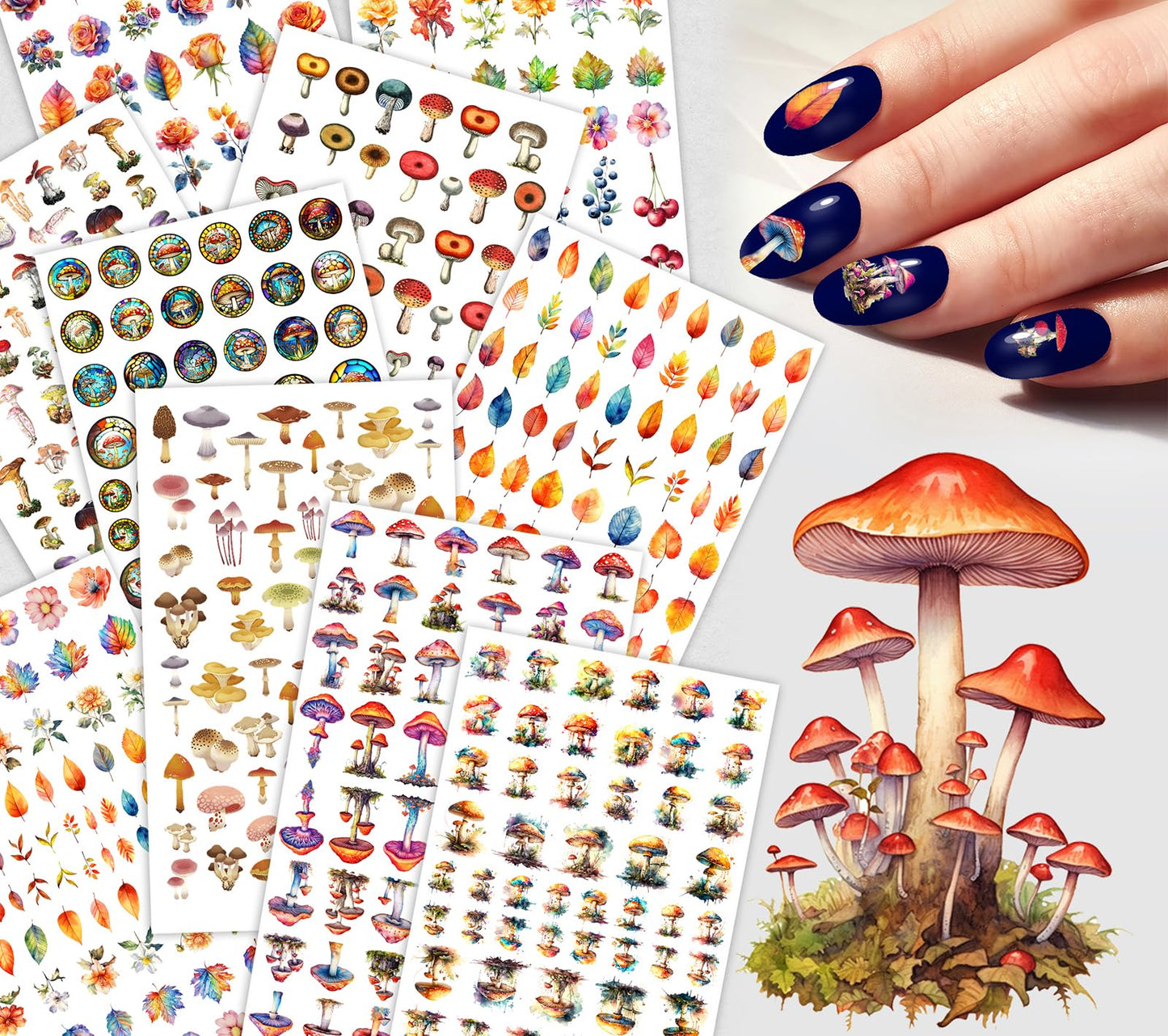 Nail Decals [10 Sheets] White Pattern Nail Stickers Set Leaves Feathers Stars Floral Ornaments Minimal Clean Designs Subtle Soft Variety for Elegant Understated Manicure Styles Modern Nail Looks