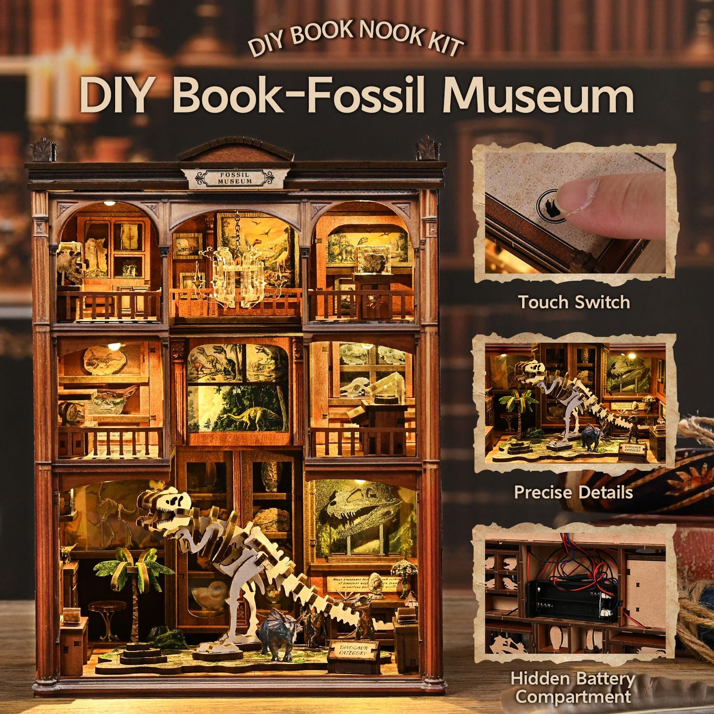 DIY Book Nook Kit, 3D Wooden Puzzle for Adults, Miniature House Kit with Touch LED Light, Gothic Bookshelf Insert Decor, Creative Hobby Gift for Fantasy Lovers